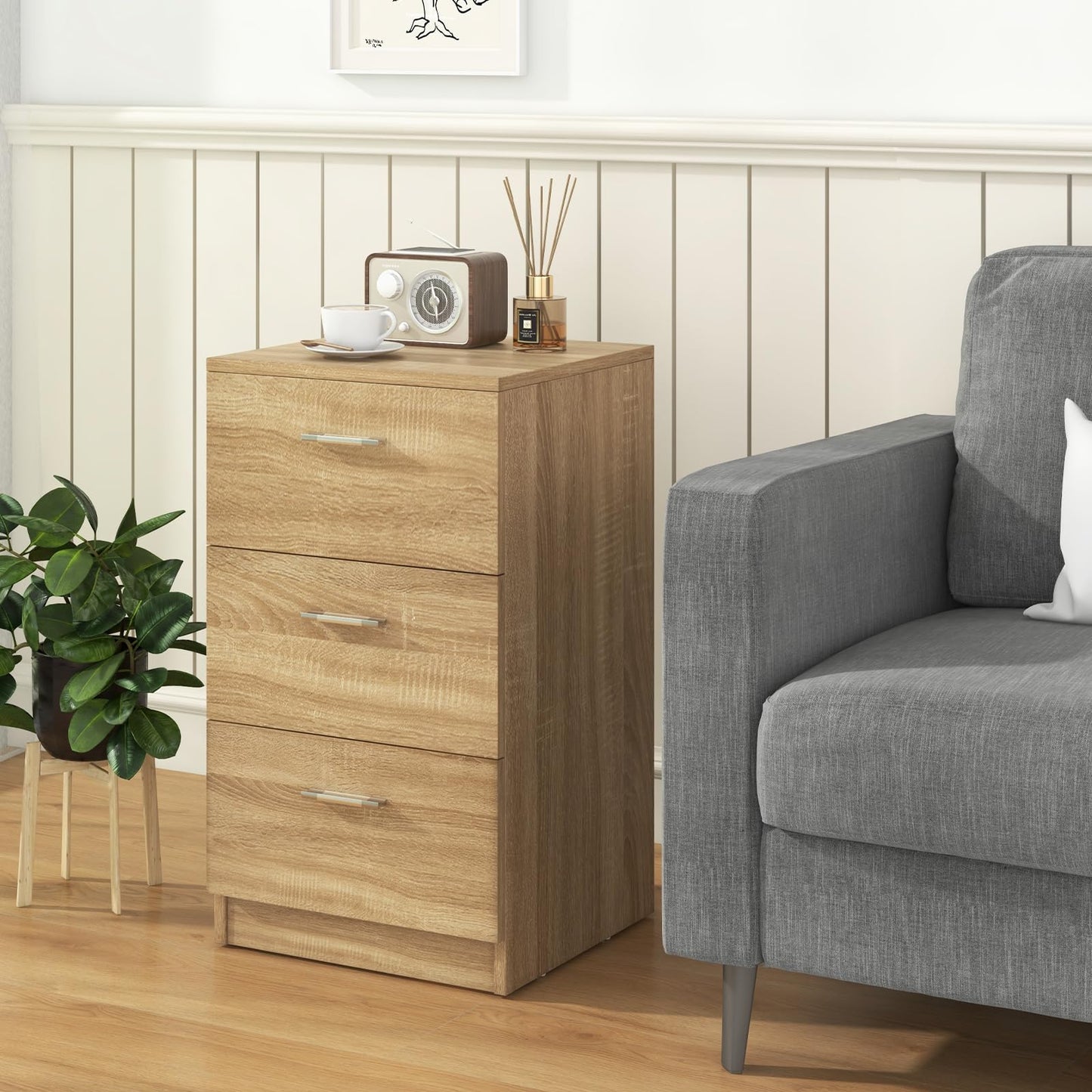 COSTWAY bedside table with 3 drawers, nightstand for boxspring bed, nightstand, night console, side table for bedroom, living room, 38 x 35 x 66 cm, natural