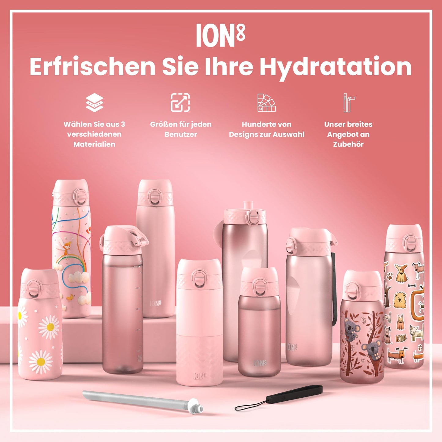 Ion8 Lightweight Steel Water Bottle 600ml Non-Insulated Leakproof One-Hand Opening Secure Lock Dishwasher Safe Flip Lid Carry Handle Easy to Clean, Rainbows