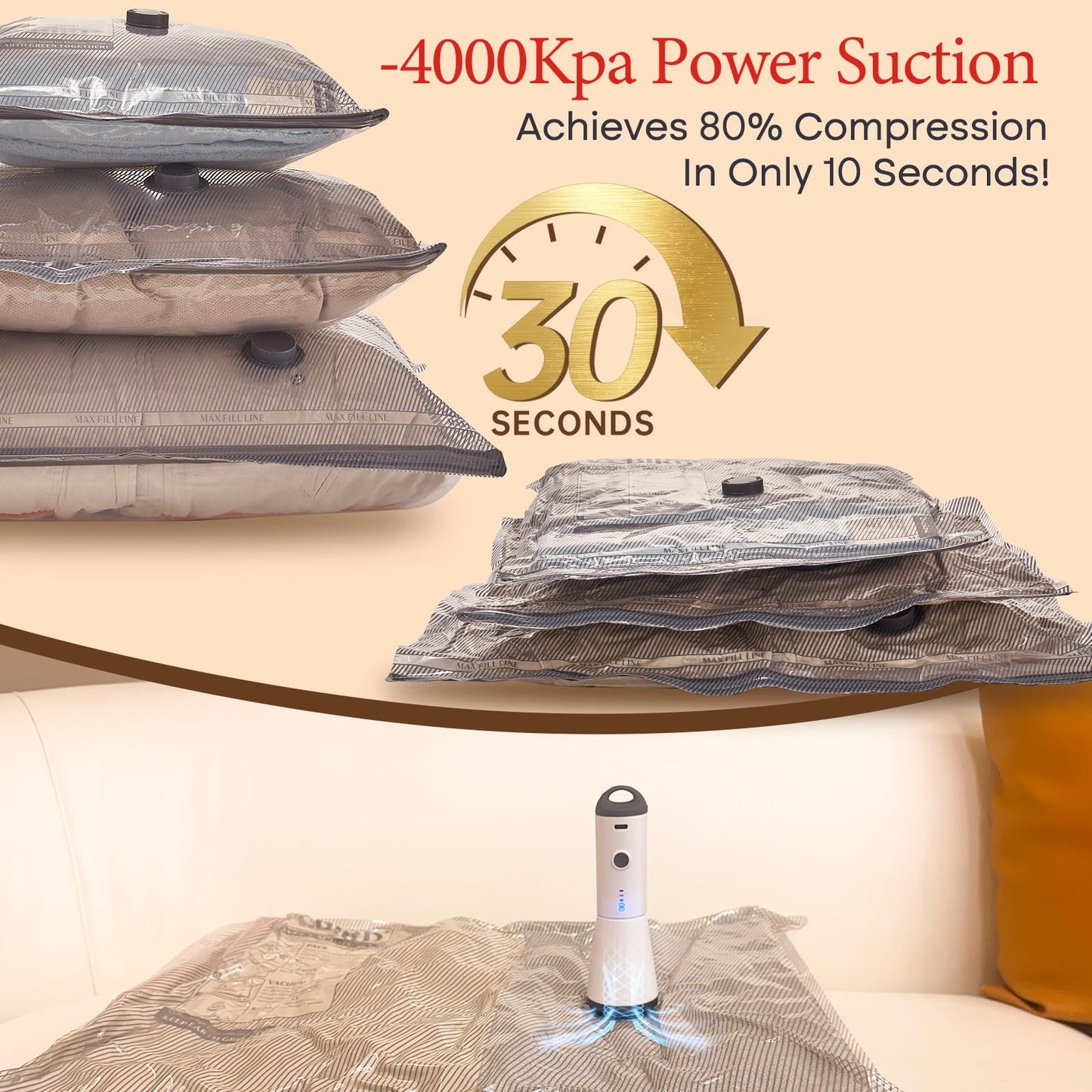 Vacbird Vacuum Bags for Clothes with Cordless Vacuum Pump, 12 Pieces (4x 40x50cm, 4x 40x60cm, 4x 50x60cm), Reusable Vacuum Sealer Bags Clothing Suitable for Travel, Daily Storage