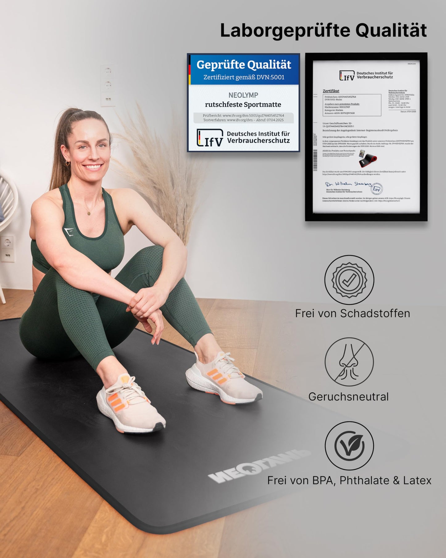 NEOLYMP extra thick and non-slip fitness mat with fitness e-book and carrying strap - Pilates mat, yoga mat, exercise mat, gymnastics mat, training mat (anthracite | 80 cm)