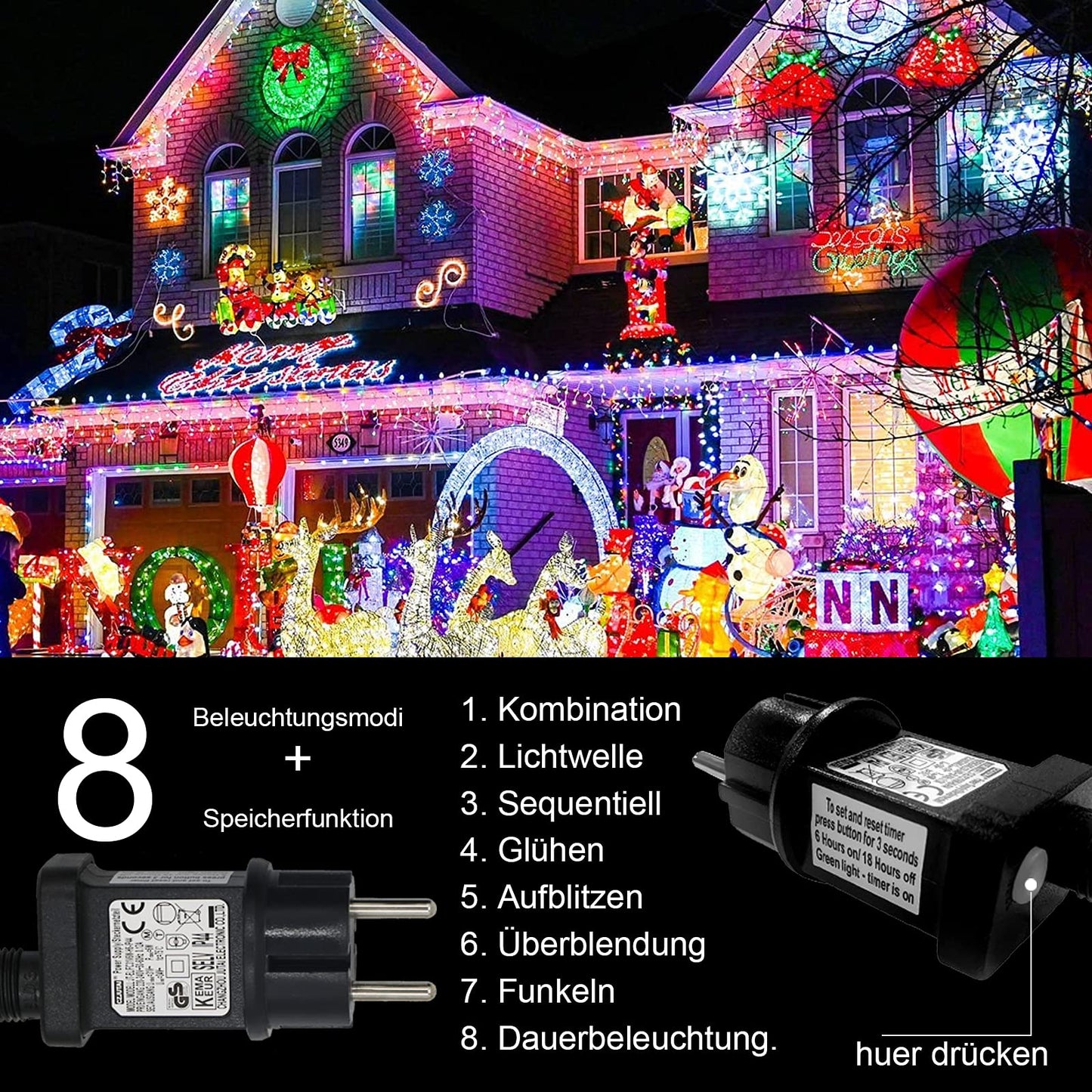 Outdoor icicle light string, 15m 600 LED light curtain with timer, IP44 waterproof, 8 modes for indoor and outdoor Christmas, bedroom, party, wedding, balcony, garden decoration.
