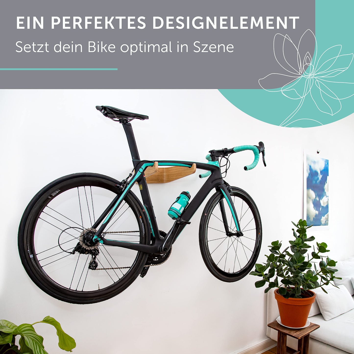 madeco Bike Wall Mount Wood - FlyBike S Oak - Design Bike Rack Wall Hanging for Home - Road Bike, Gravel Bike, Mountain Bike, Fixie, Singlespeed Bike Holder