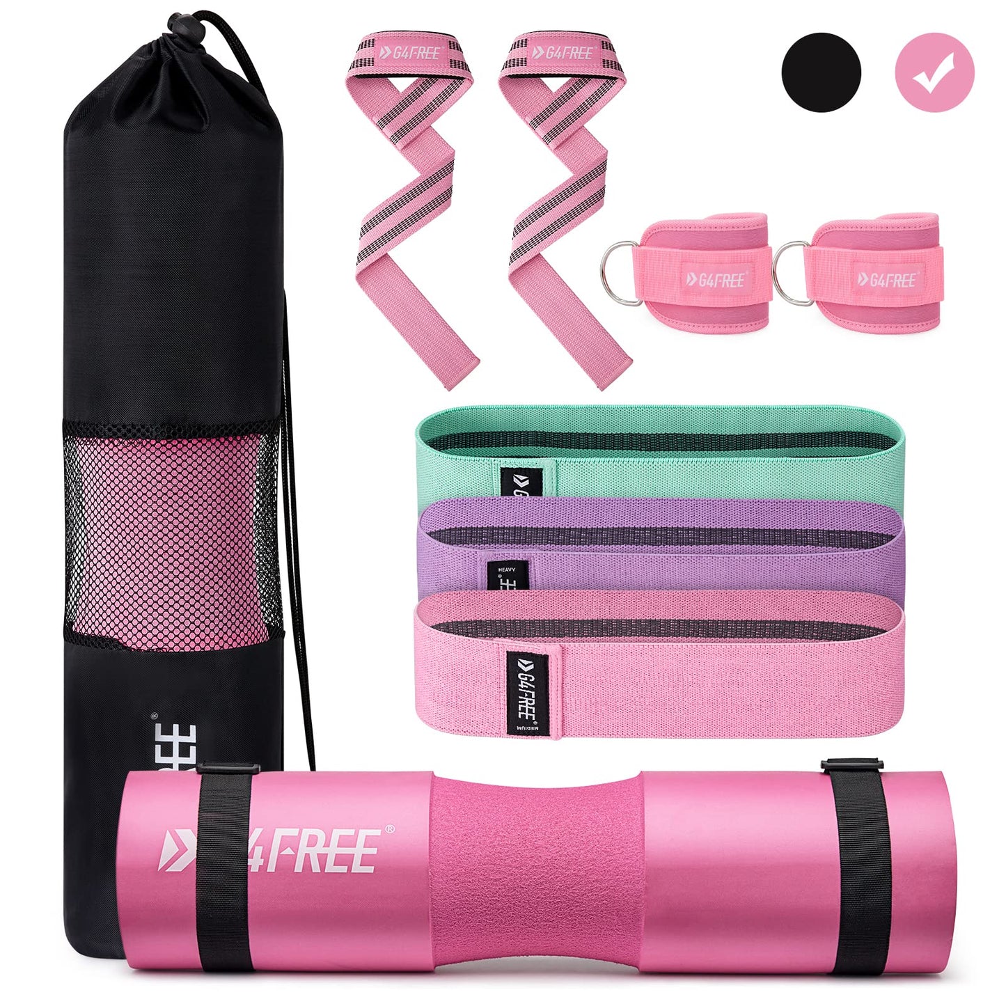 G4Free 9-piece Set Barbell Pad/Neck Pad/Barbell Pad for Squats/Hip Thrusts/Lunges/Olympic Barbell with 2 Gym Ankle Safety Straps & 3 Hip Resistance Bands & 2 Fitness Bands
