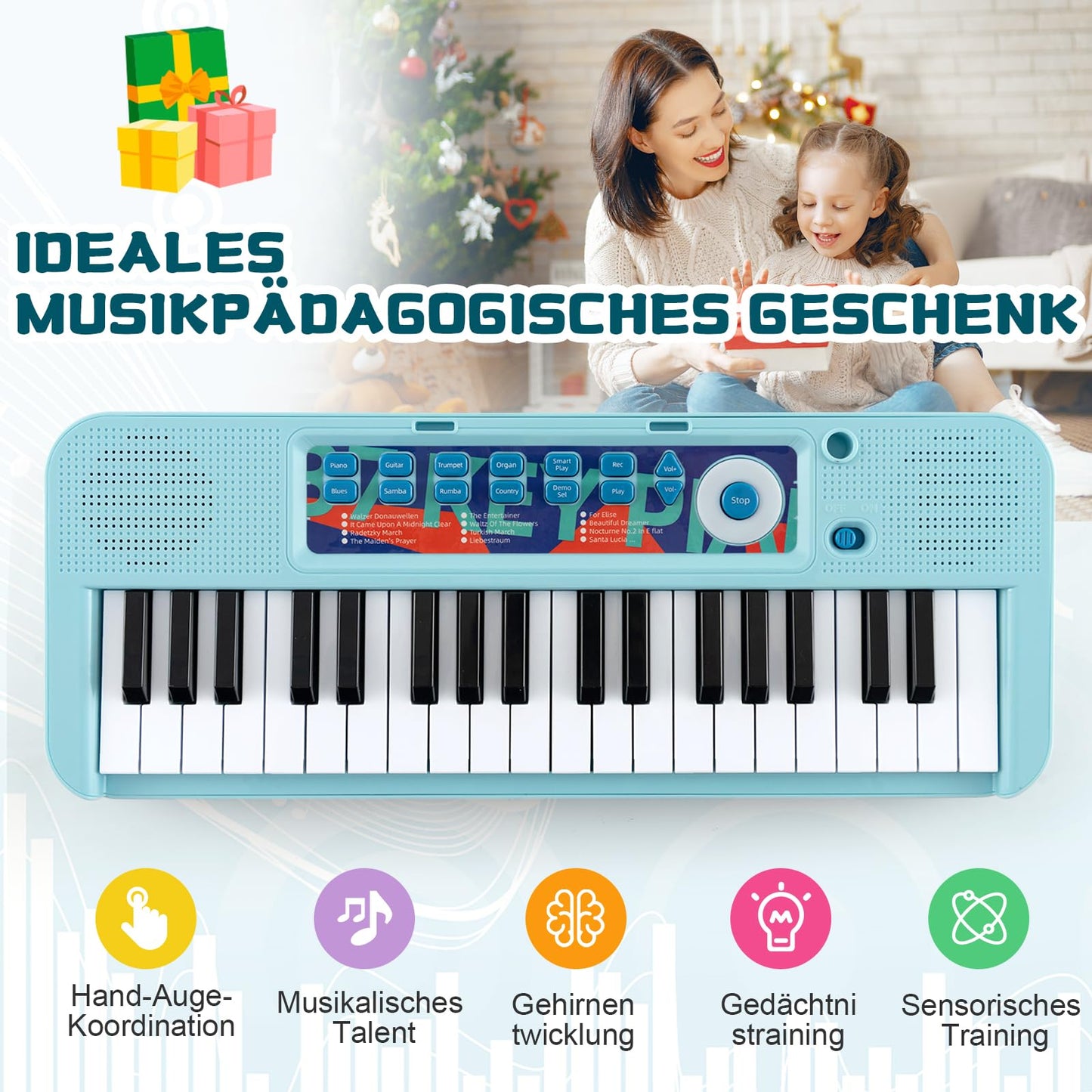 DREAMADE Kids Keyboard, 37 Keys Electronic Piano with Music Stand & Microphone & Stool, Piano Toy for Children aged 3+, Supports up to 50kg (Blue)