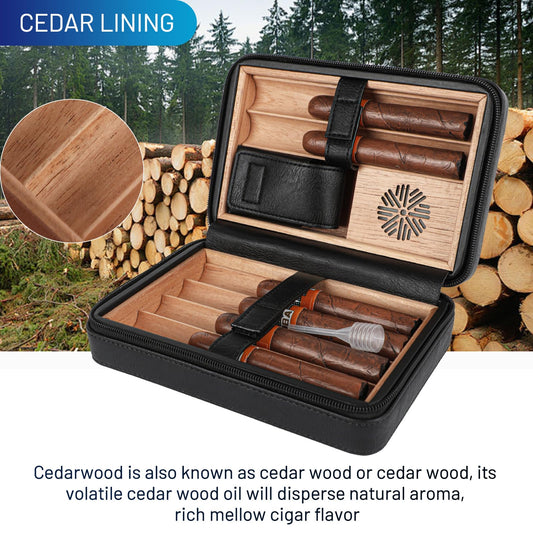 Portable leather cigar case with Spanish cedar interior and card storage. Perfect for business trips, birthdays, and Father's Day gifts. Includes cigar cutter and humidifier.
