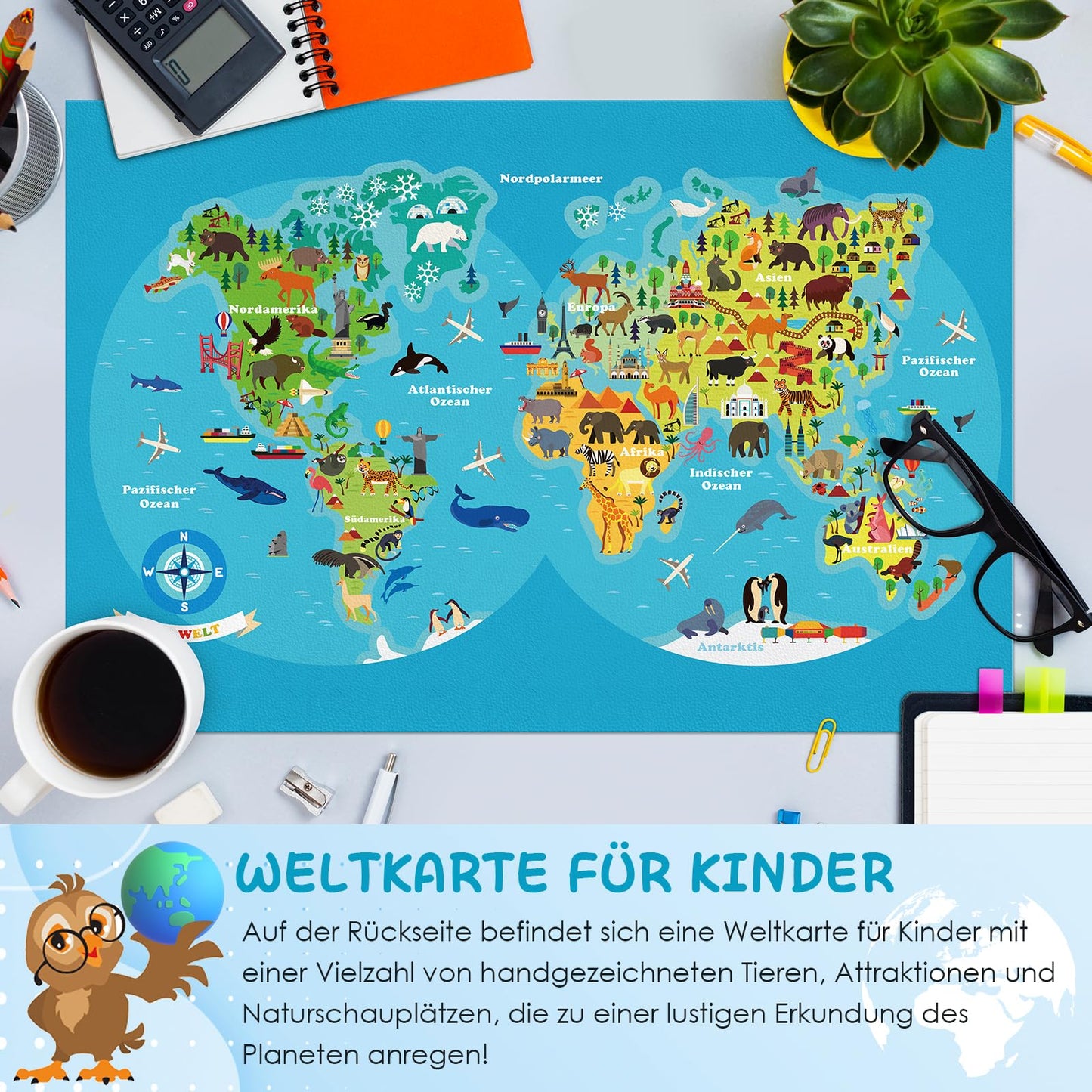 Desk pad for children, double sided world map desk pad waterproof made of durable, wipeable painting pad for children/girls (60x40 cm)