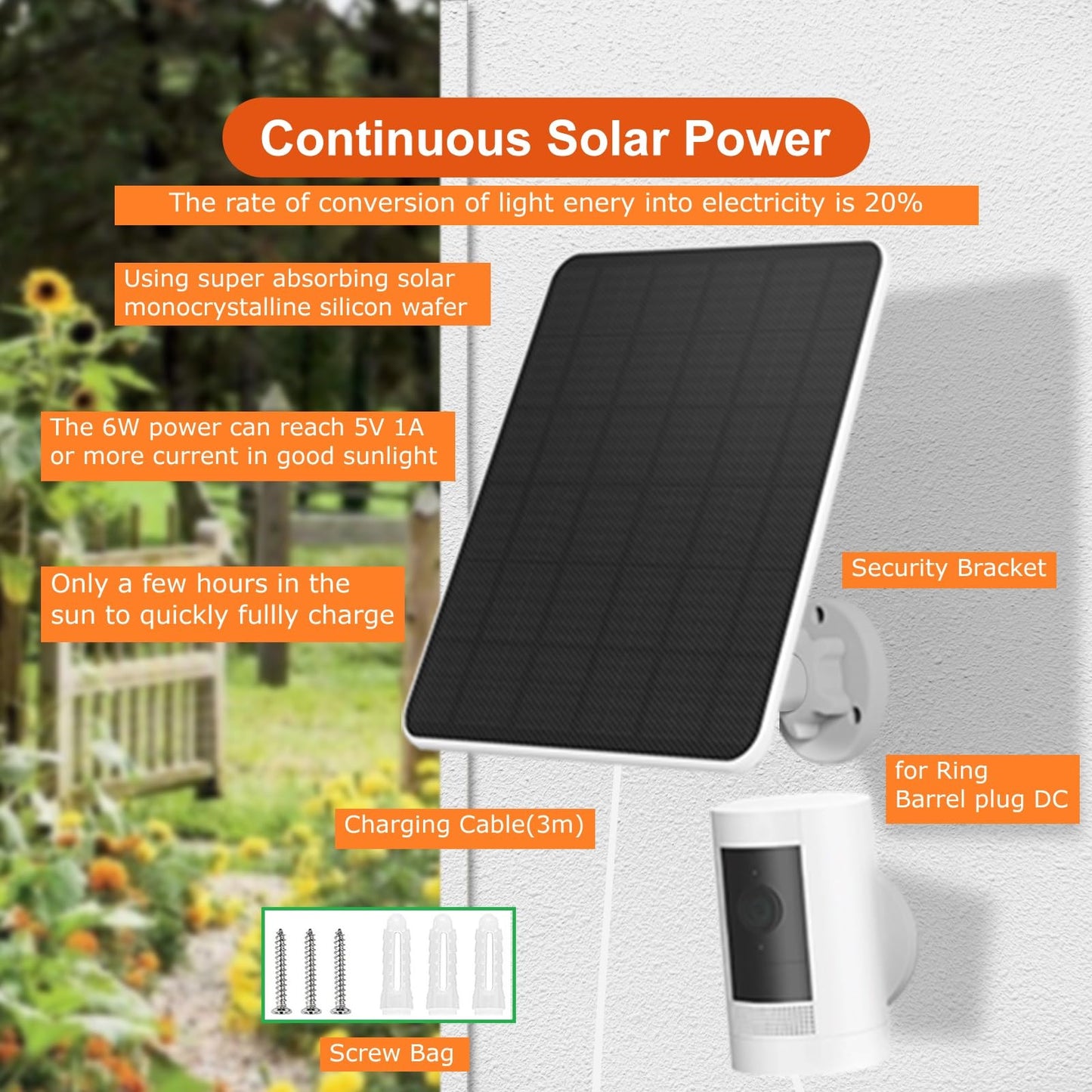 6W solar panel for Ring camera, compatible with Ring solar panels, Ring camera solar panel compatible with Ring Spotlight Cam Battery & Ring Stick Up Cam Battery with barrel plug 3m charging cable IP65 5V solar charger