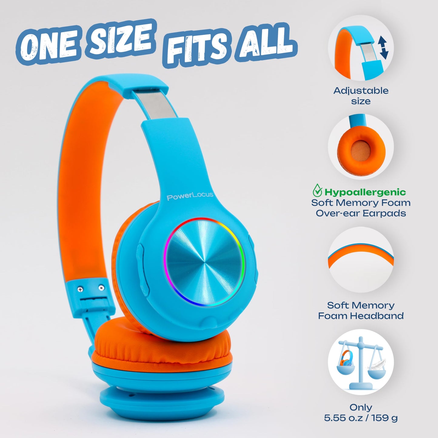 PowerLocus Kids Bluetooth Headphones, Wireless Headphones with LED Lights and 94DB Volume Limitation, Foldable Design, HD Stereo, Micro SD, Built-in Microphone for School/Laptop/Phone/TV