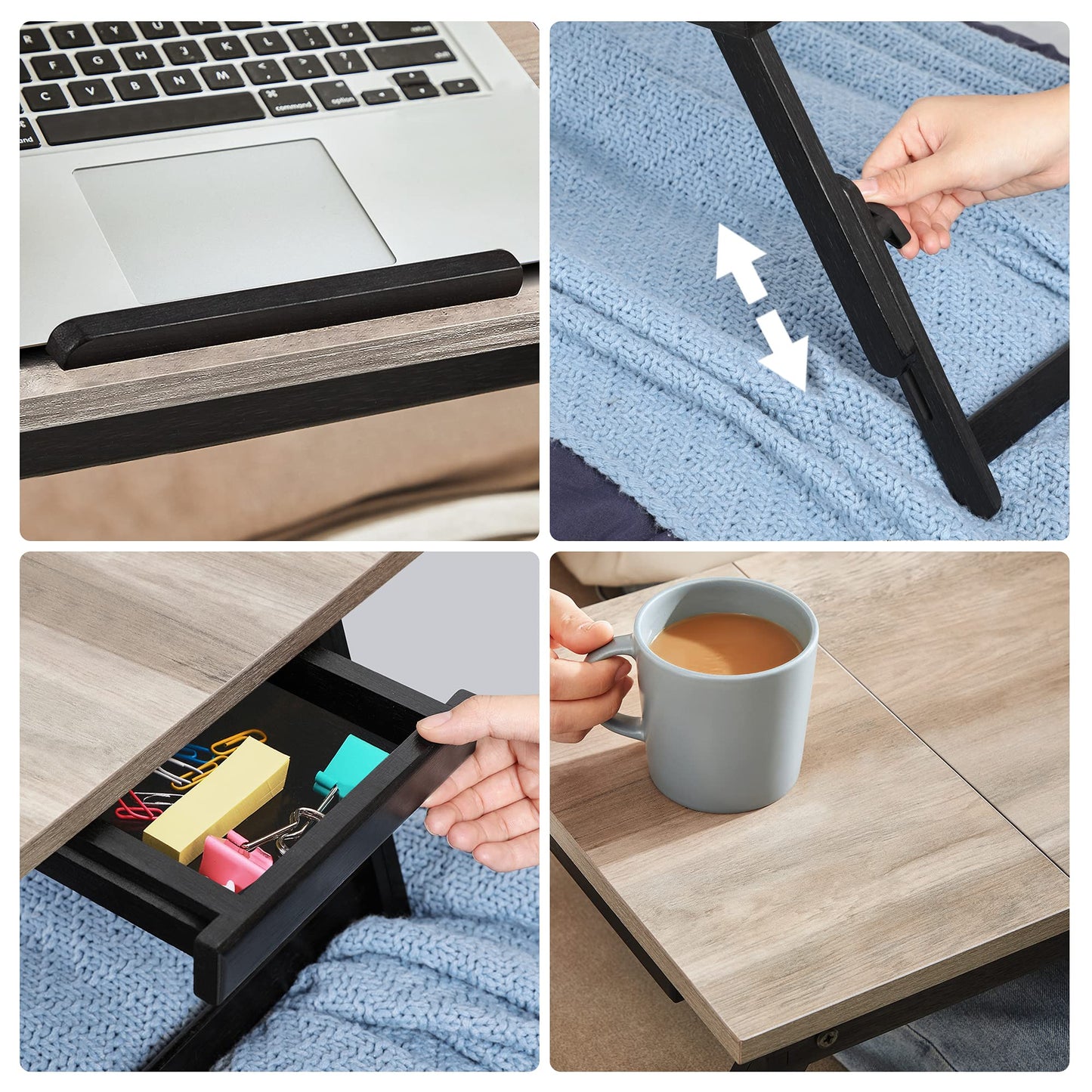 SONGMICS laptop table for bed, laptop stand, angle and height adjustable, foldable legs, for laptops up to 15.6 inches, work, read, have breakfast, bamboo legs, drawer, greige mottled LLD105W01