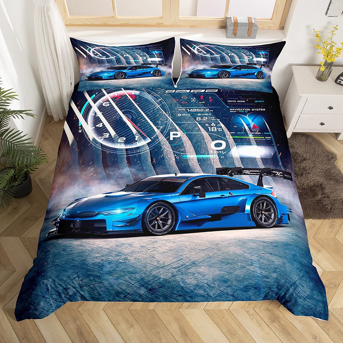 Race car duvet cover sets for twin beds, boys' speed sports automobile bedding set includes comforter cover and 1 pillowcase, perfect for manly bedroom decor in blue and gray.