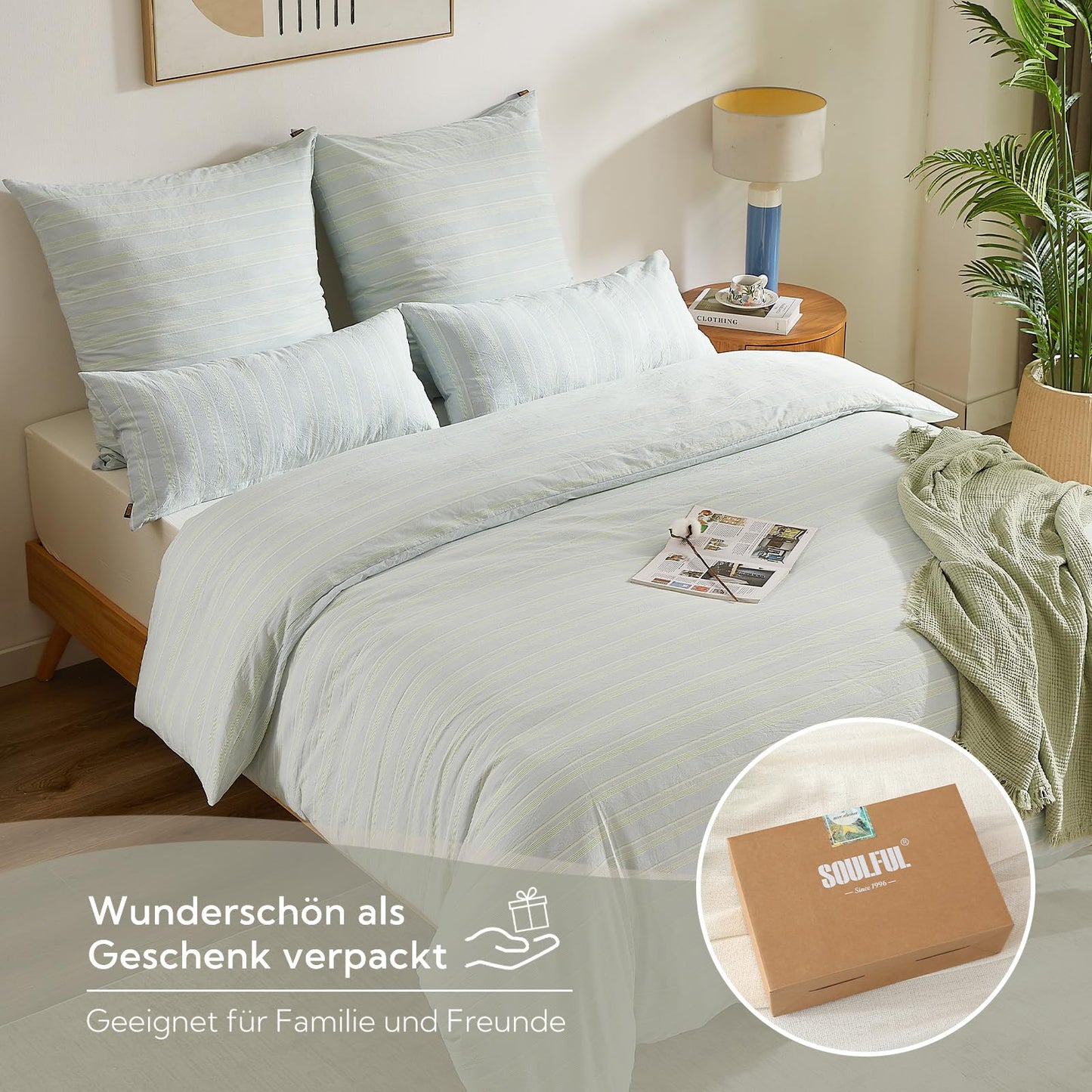 SOULFUL bedding set 135x200 made of striped cotton, 100% washed cotton, light green color, ÖKOTEX certified. Includes 1 duvet cover 135x200 and 1 pillowcase 80x80.