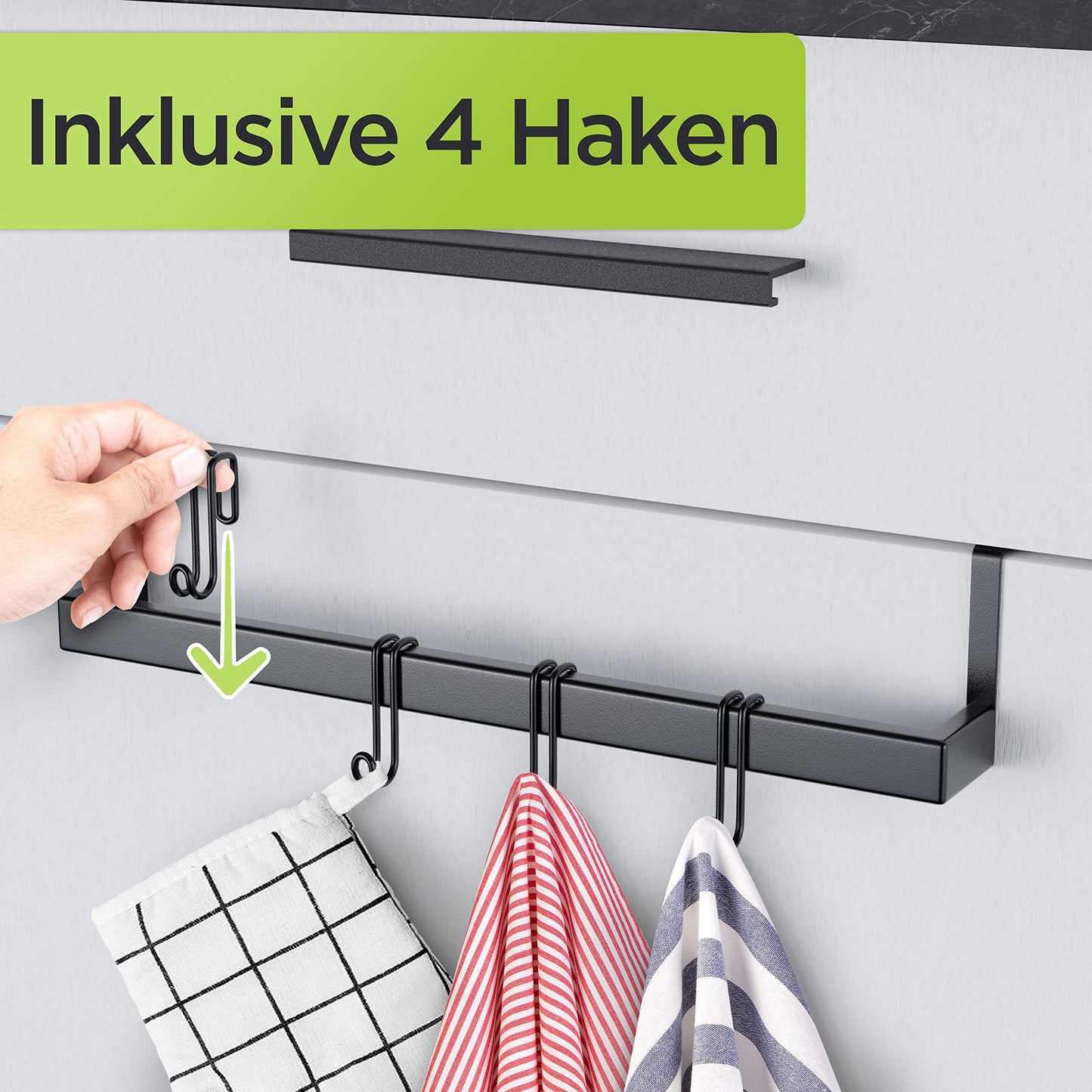 DEELIA® Dish Towel Holder Kitchen | Towel Holder for Hanging on Kitchen Cabinet without Drilling | incl. 4 Hooks | Black Stainless Steel Towel Holder