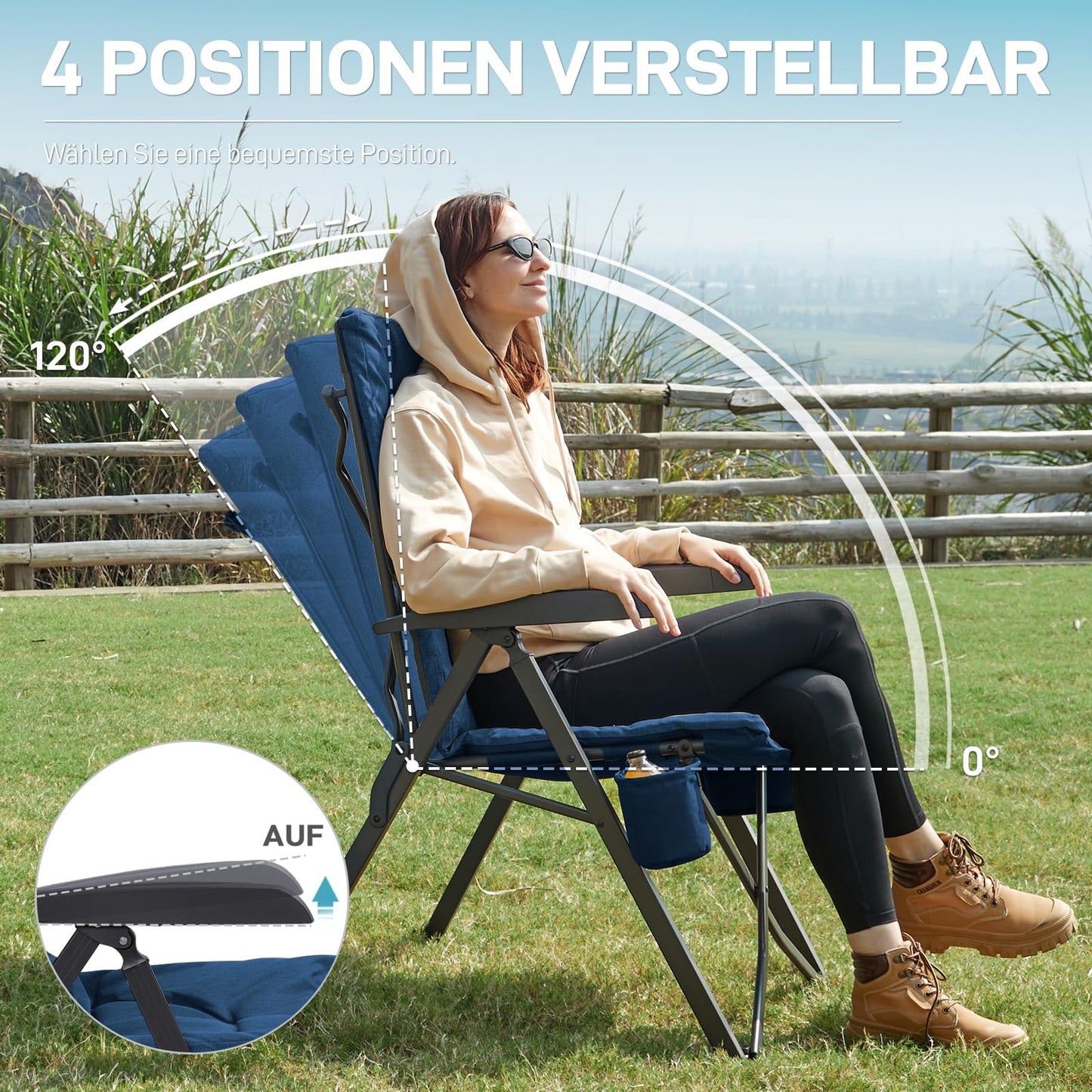 EVER ADVANCED Folding Camping Chair with 4-Position Adjustable Backrest, up to 150 KG Capacity. Padded with 6cm thickness, featuring a side pocket and cup holder. High backrest for camping, garden, or balcony use.