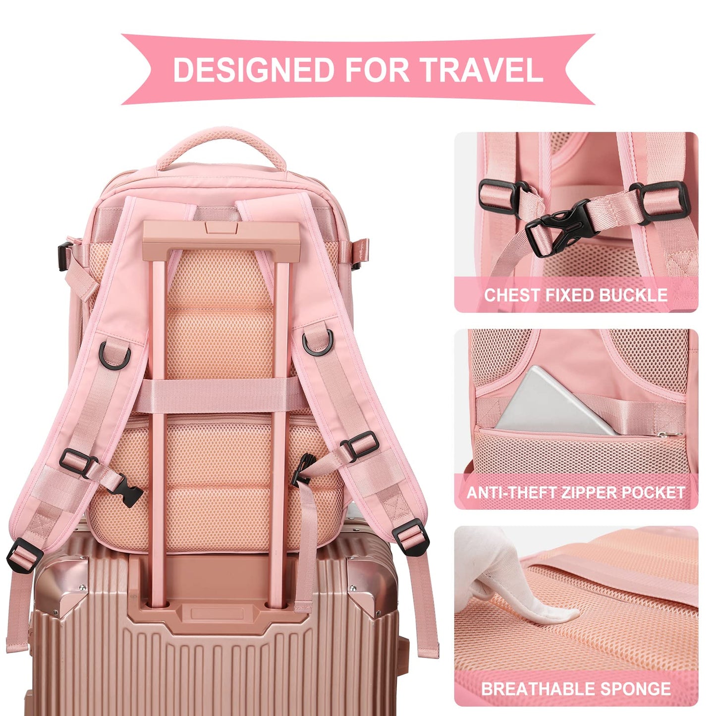 SZLX Ryanair carry-on backpack for women for airplane underseat cabin bag travel backpack carry-on airplane Easyjet backpack waterproof men with shoe compartment for 14-inch laptops, Pink.