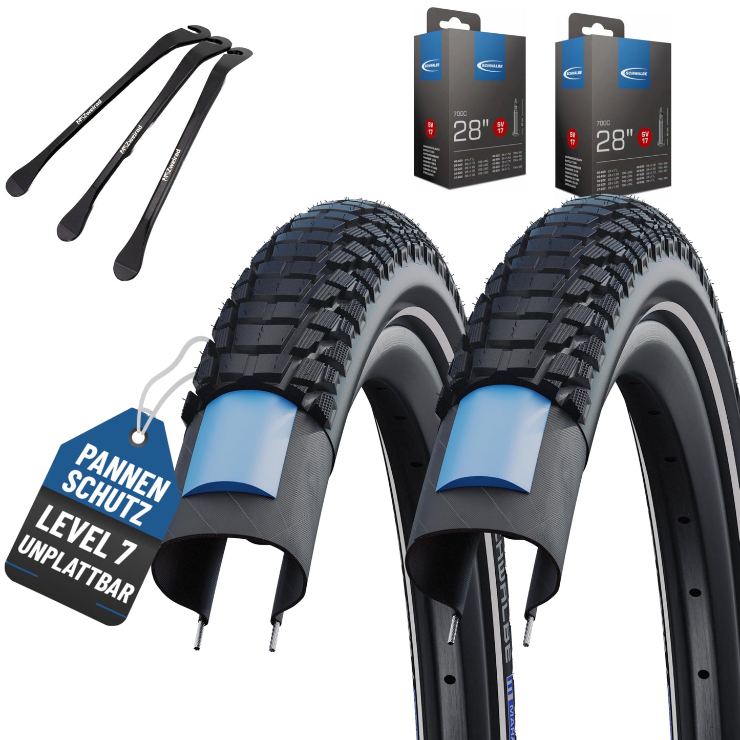2-pack Schwalbe Marathon Plus Tour 2022 Smart Guard tires 28x1.40 inch (37-622), 28x1.50 inch (40-622), or 28x1.75 inch (47-622) with choice of tube + tire lever (SV valve tubes, 28x1.50 inch (40-622)).