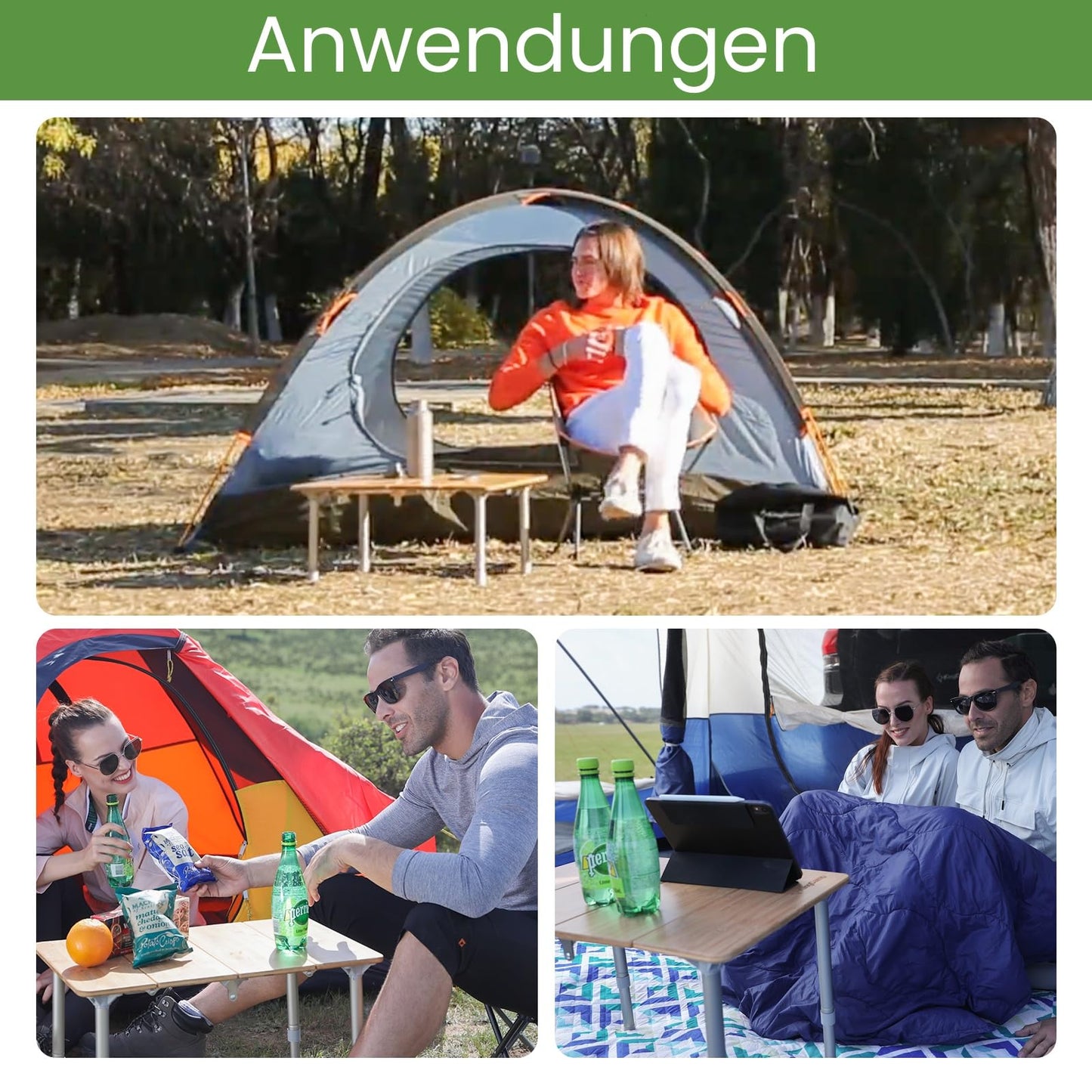 KingCamp Bamboo Camping Table Adjustable Folding Table for 1-2 People, Foldable Camping Table with 4 Folds and Carry Bag, Supports up to 80 kg, 60 x 40 cm, S-sized.