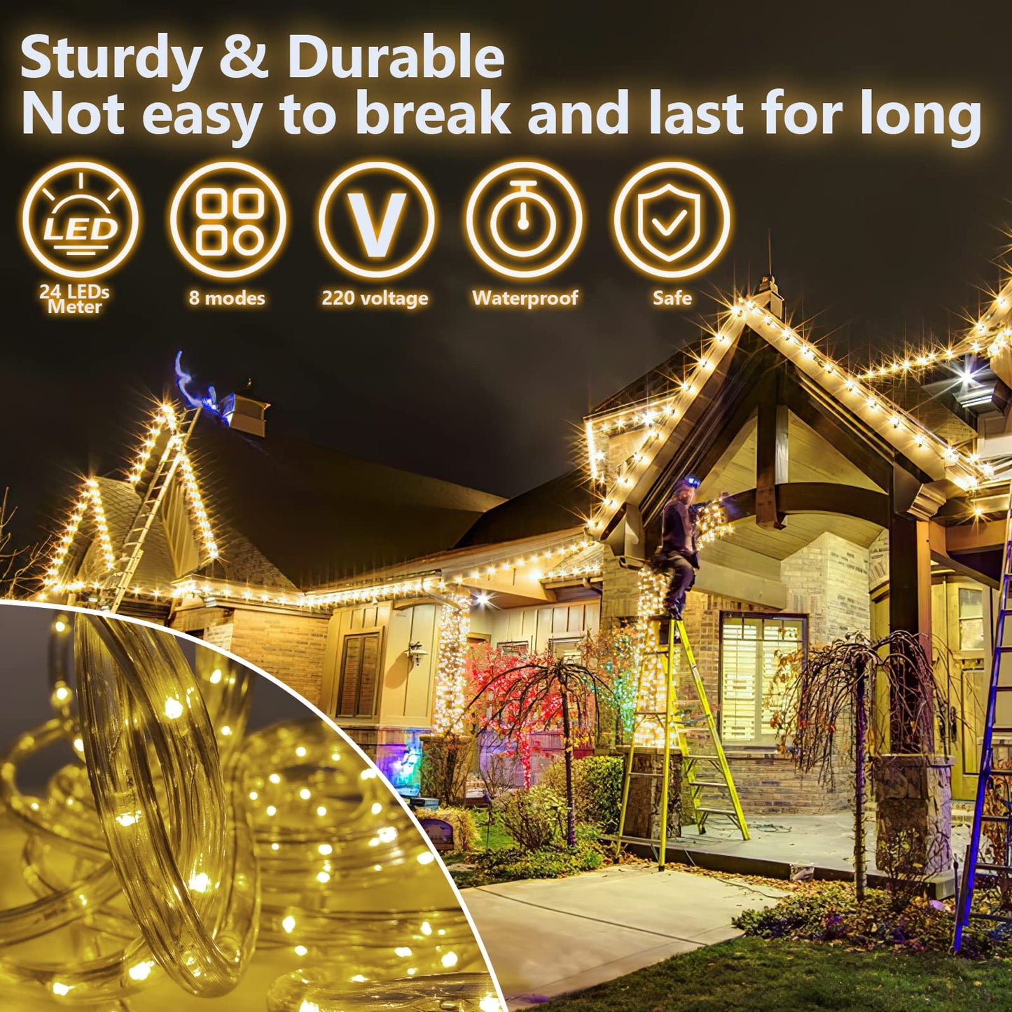 Ikodm LED light rope outdoor 1200 LEDs 50m light rope with timer 8 lighting modes waterproof string lights powered by electricity for indoor party Christmas Halloween wedding, warm white
