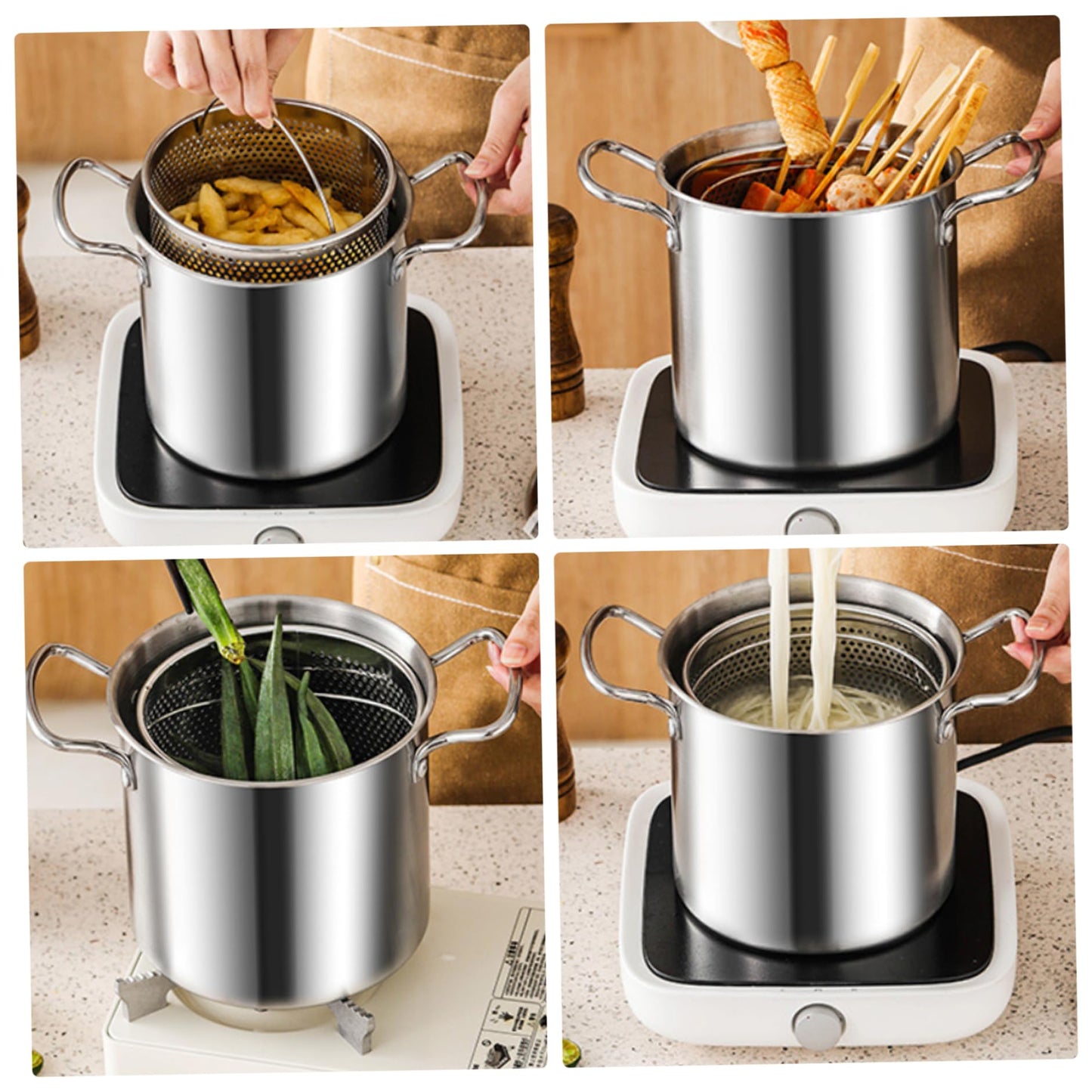 Home deep fryer pot with basket, 3.5-liter stainless steel, versatile fish frying pot with cooking basket for fries, chicken