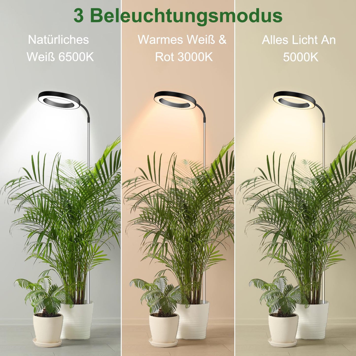 Wolezek LED Full Spectrum Plant Lamp, 80 LEDs 6500K Grow Light, 160cm Large Grow Lamp, 3 Colors Plant Light with 360° Swivel Neck, 6/12/16H Timer, 5 Brightness (Black 2 Pack)