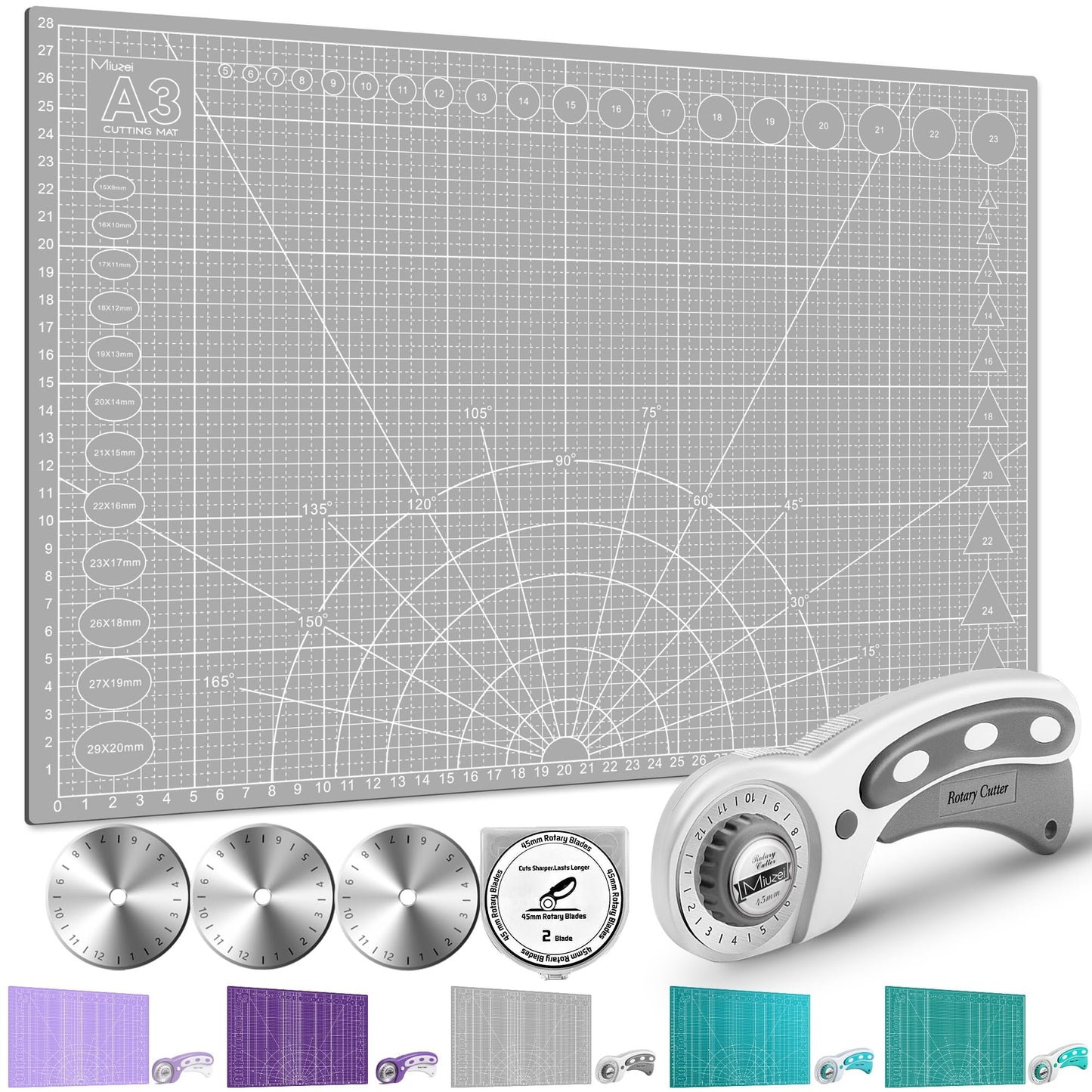 Miuzei Cutting Mat A3 A2 with rotary cutter and replacement blades, self-healing craft mat in gray, cutting mat with double-sided grid markings for schools and families.
