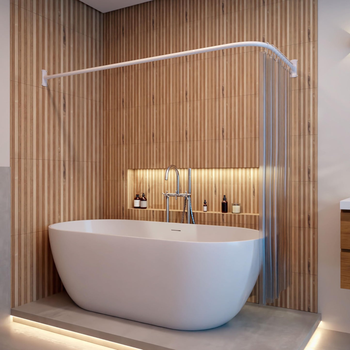 Shower curtain rod L-shape & shower rod U-shape 6 in 1 system incl. 12 rings - Stable corner rod for shower curtain without ceiling mounting - Corner shower rod rustproof - Bathtub & shower curtain rod