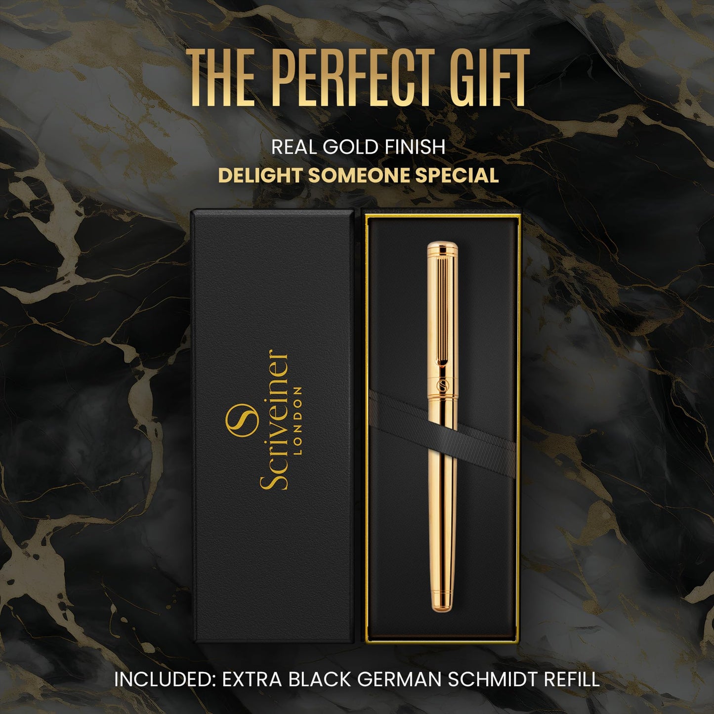 Scrivener Rollerball pen High-quality rollerball pen with real gold plating, black Schmidt replacement refill, gift box, office set, Beautiful Professional (Gold)