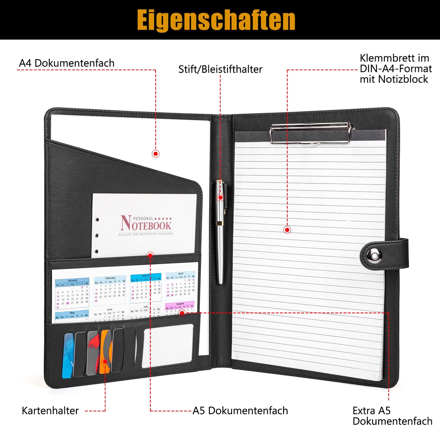 AMKSONS A4 Writing Pad in Black with Clipboard & A4 Notepad - Premium Conference Folder made of PU leather with document compartments, pen holder, flap cover, and magnetic closure.