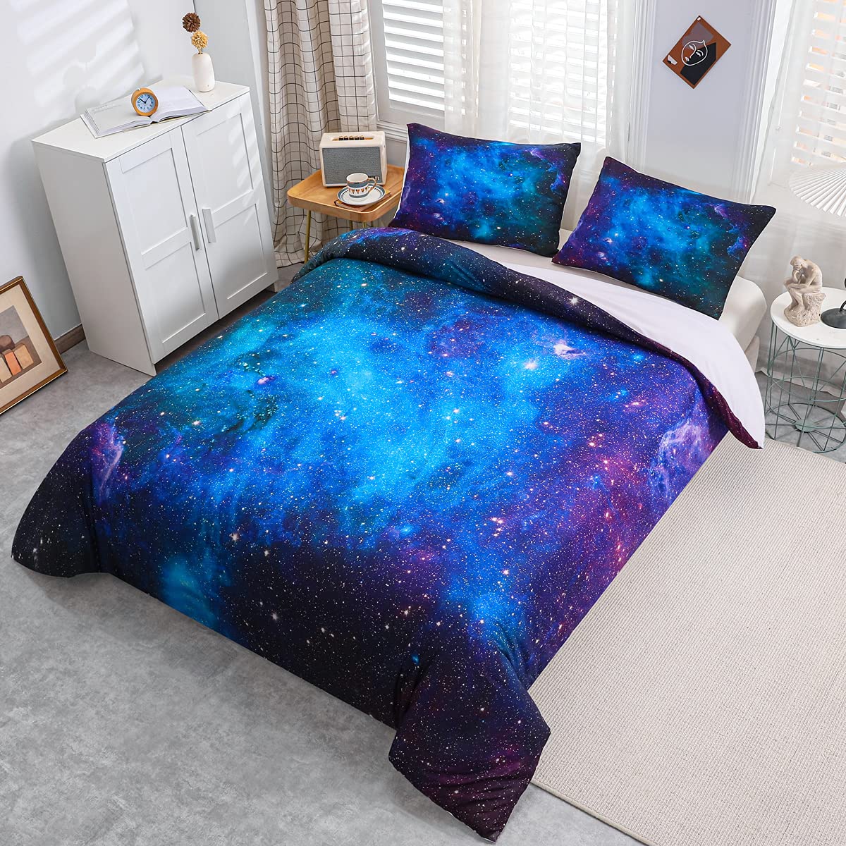 Loussiesd bedding set galaxy starry sky duvet cover set for kids boys girls soft breathable microfiber 135*200cm bed set with zipper and 1 pillowcase 80x80cm.