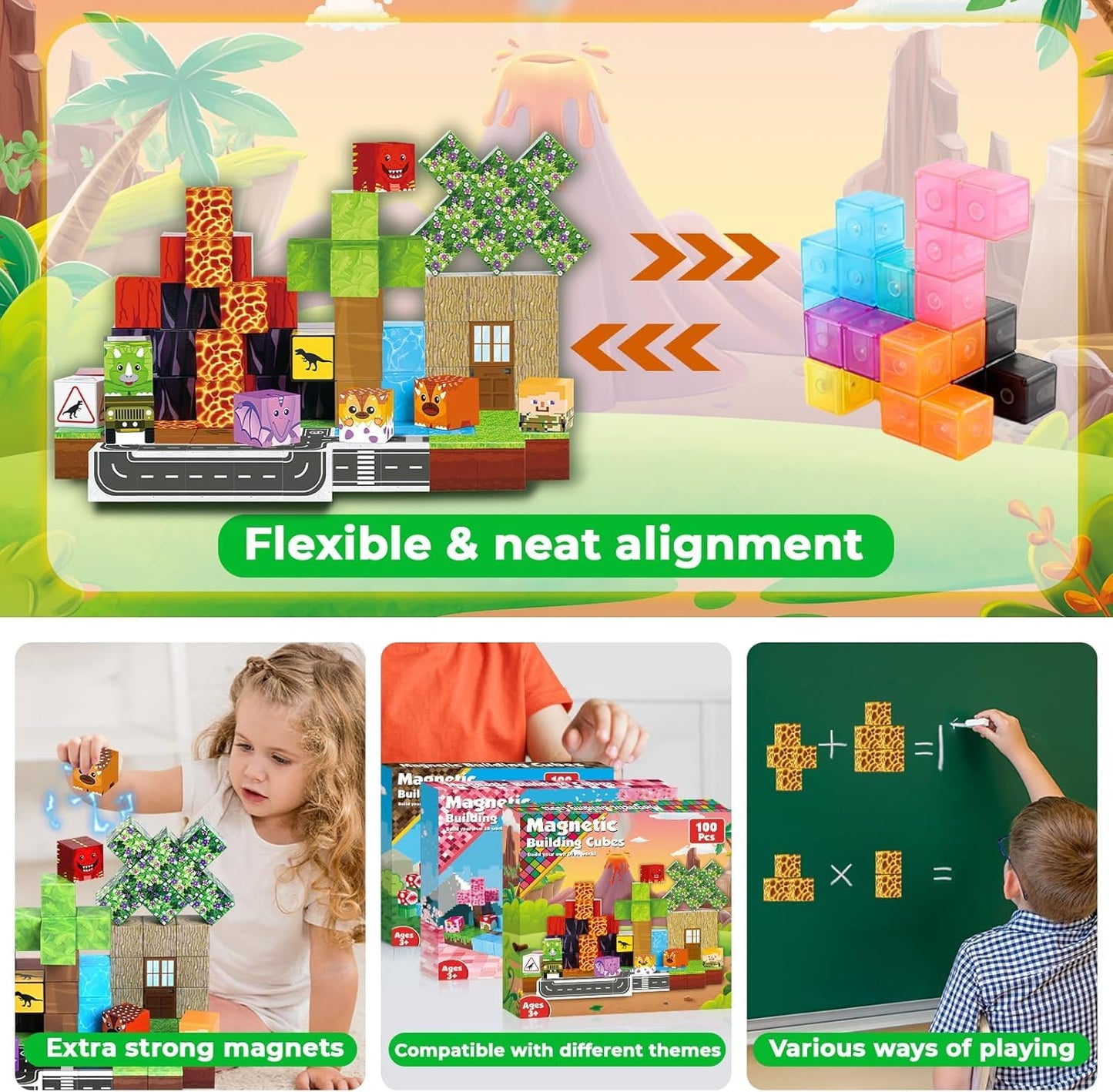 Magnetic building blocks, 100 pieces magnetic building blocks for kids - creative 3D toy with dinosaurs, volcano & natural landscape | Toys for boys aged 5 6 7 8 9 years Building toys for boys aged 3+ years