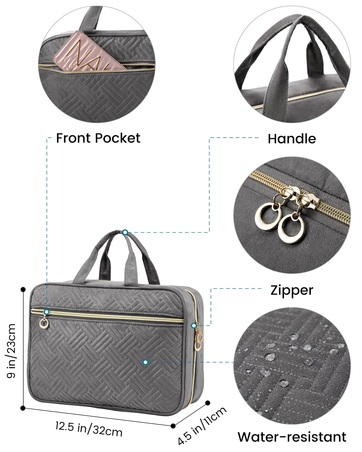 Hanging toiletry bag, LOVEVOOK waterproof toiletry bag for women, foldable cosmetic bag with 360° swivel hook, travel toiletry bag in gray.