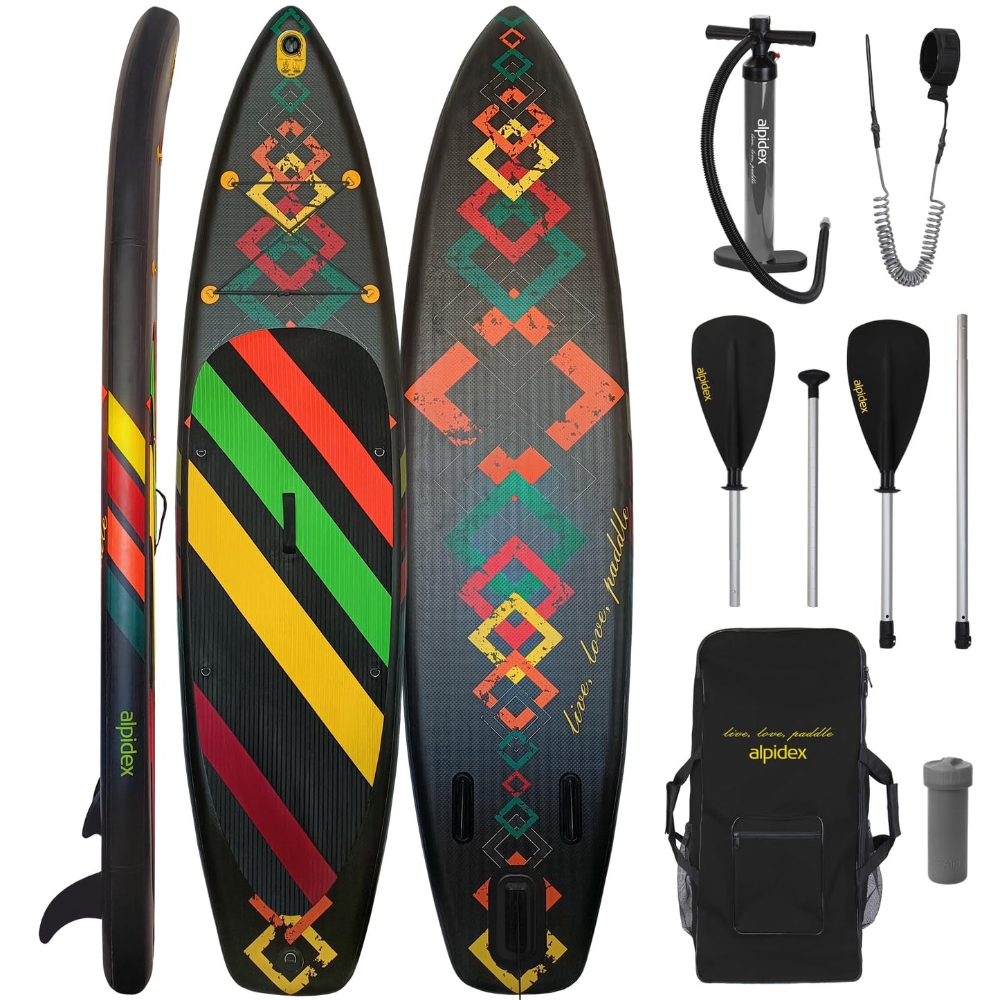 ALPIDEX Stand Up Paddle Set SUP 320 x 76 x 15 cm max. load capacity up to 200 kg Inflatable Stable Lightweight Complete Set Carrying Bag Paddle Fins Air Pump Leash Repair Kit, Color: Black