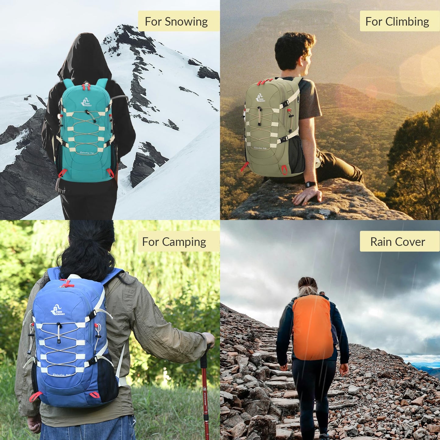 Bseash 40L Lightweight Waterproof Hiking Backpack with Rain Cover, Outdoor Sports Travel Daypack Multifunctional Travel Bag for Camping, Climbing, Skiing, Cycling (Black)