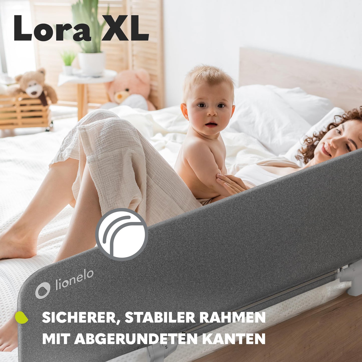 Lionelo Lora XL Portable Bed Guard for kids, tilt adjustment up to 180°, foldable bed rail, 45 cm - 150 cm, StandSafe lock, protection against falling out