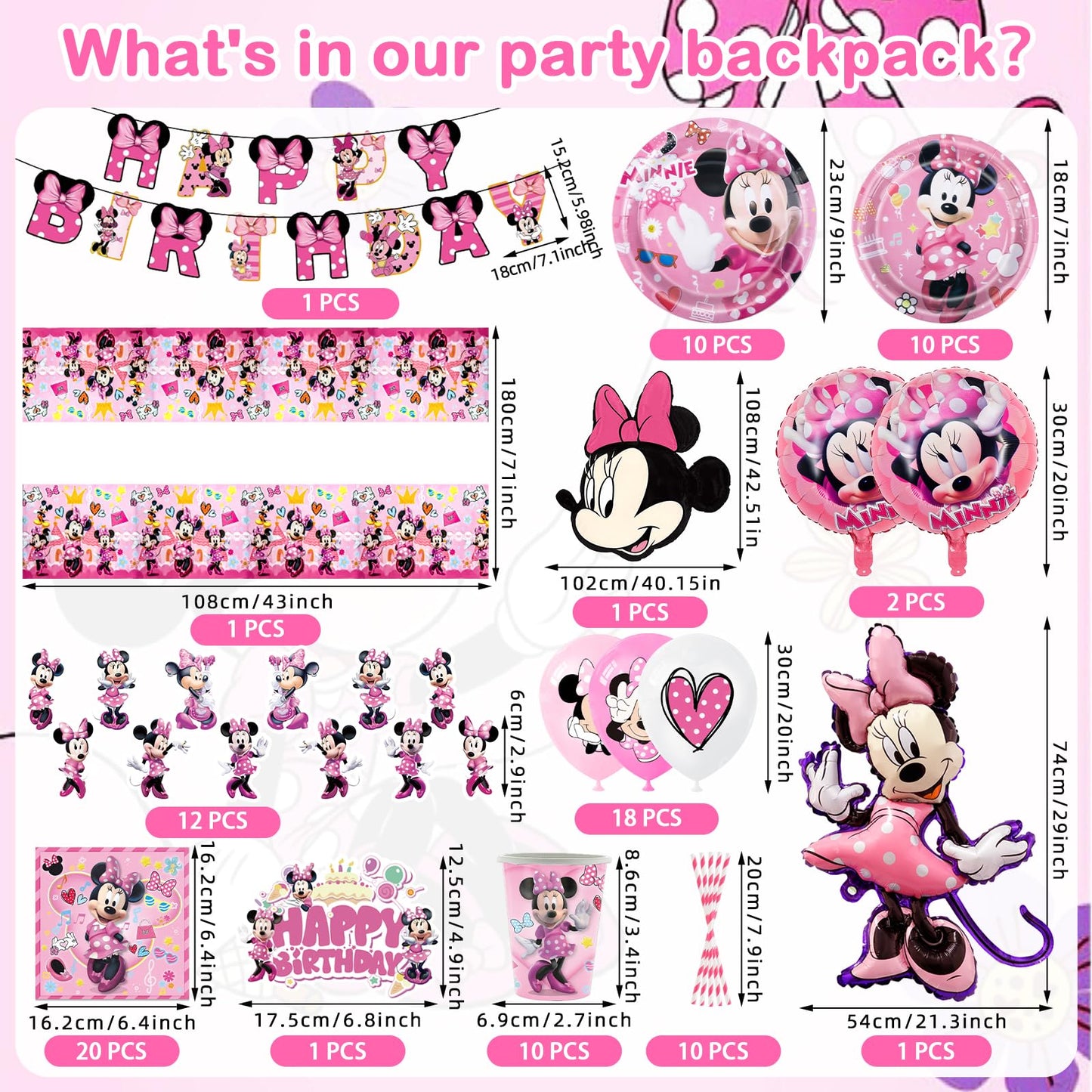 Minnie Mouse paper plates for kids birthday party décor - 100 pieces of pink Minnie birthday party supplies, Mickey birthday decorations for girls, partyware set includes napkins, tablecloth, balloons, banner, and cake decorations.