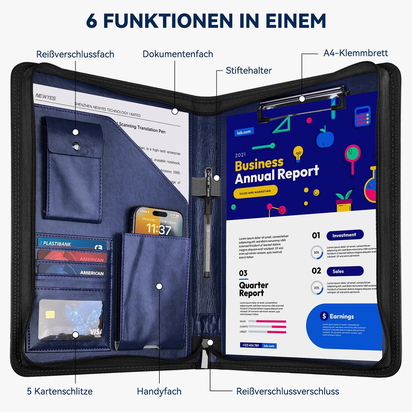 NEWYES A4 document folder, water-resistant with zipper & clipboard, faux leather portfolio perfect for business trips, teachers as a gift, or office use - Dark Blue.