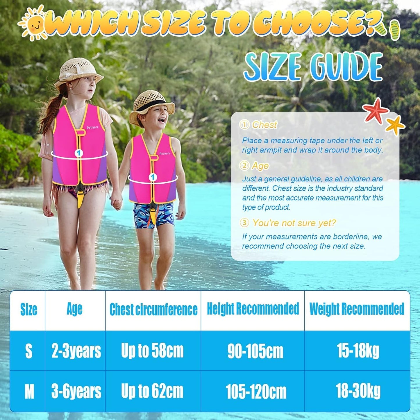 Petiyark Life Jacket for Kids 2-3 Years, Child Swim Vest 15-18kg, Ideal Swim Aid Neoprene with Adjustable Safety Straps for Boys and Girls-S