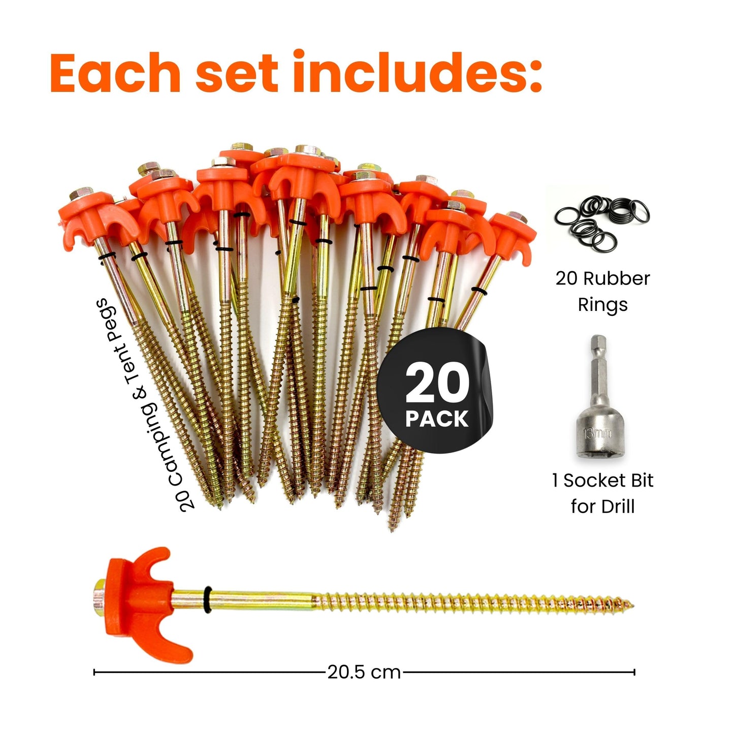 Green Thumbz Tent Pegs - 20 Pack Camping Stakes Ground Nails Sturdy - Galvanized Tent Pegs with Screw Design for Tough Grounds - Durable Camping Screw Pegs for Outdoor Use (20.5cm)