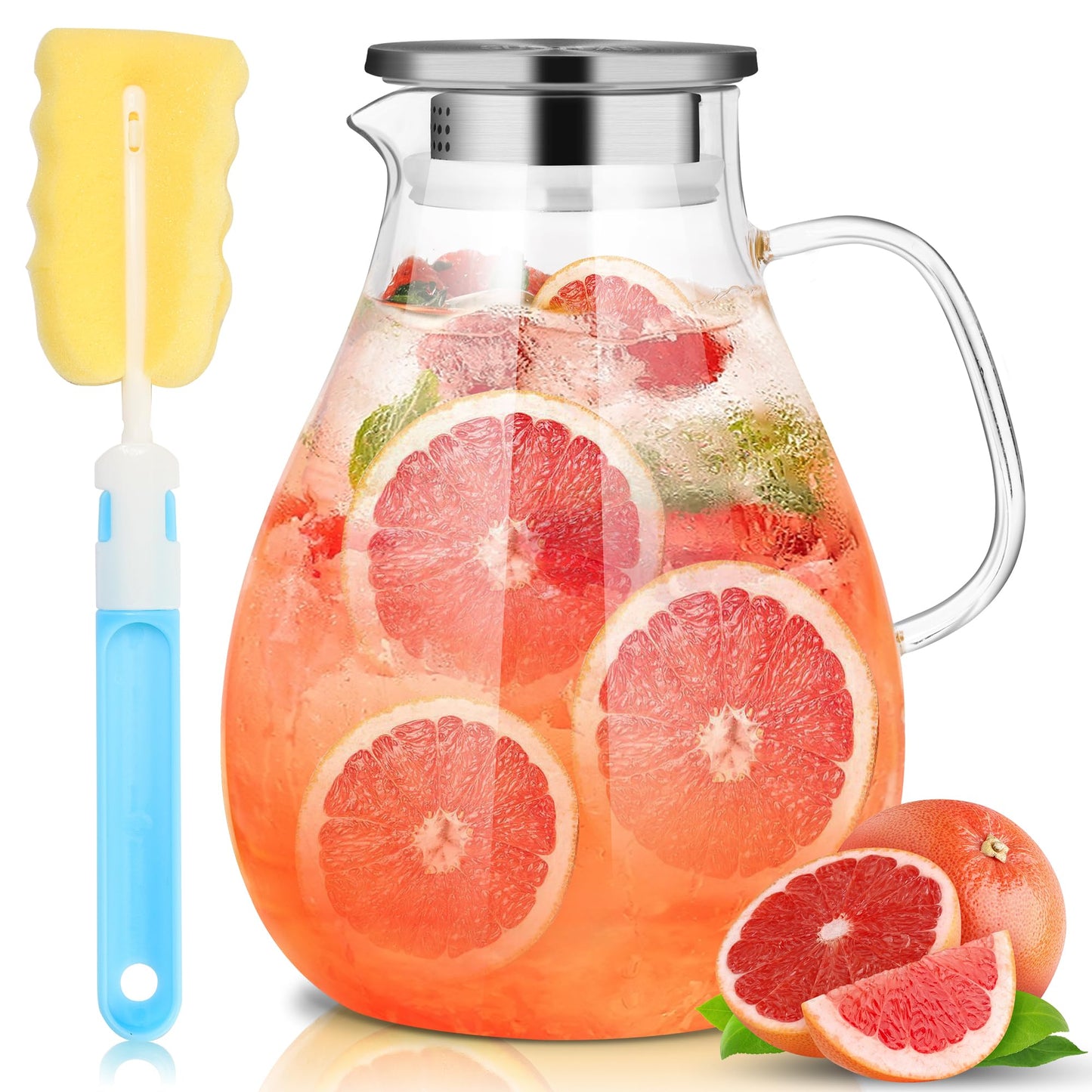 SUSTEAS 3.0 Liter 101 Ounce Water Carafe, Glass Carafe with Lid and Wide Handle, Easy to Clean Glass Pitcher for Fridge, Water Jug for Iced Tea/Milk/Coffee/Wine, Carafes with Brush