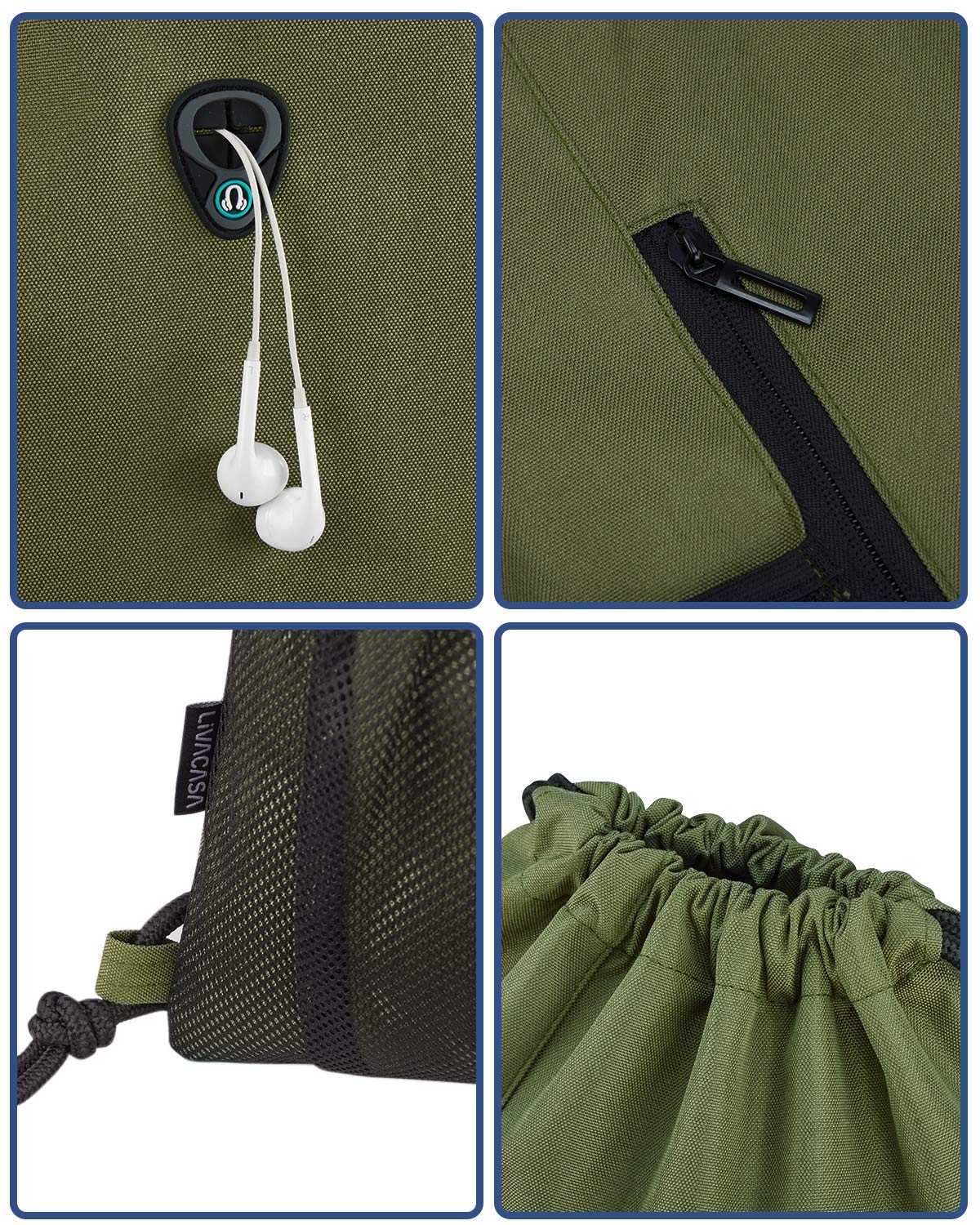 LIVACASA Drawstring Backpack with Zipper Inner Pocket, Hipster Gym Bag, Padded Backpack with Adjustable Drawstring, for Men and Women, Army Green.