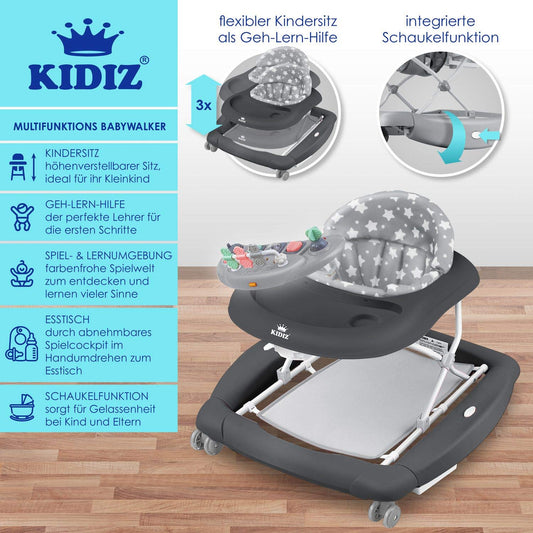 KIDIZ® 4in1 Baby Walker with rocking function, swivel wheels, lights, music, activity center, eating table, and folding feature. Suitable for babies from 6 months old. Grey color.