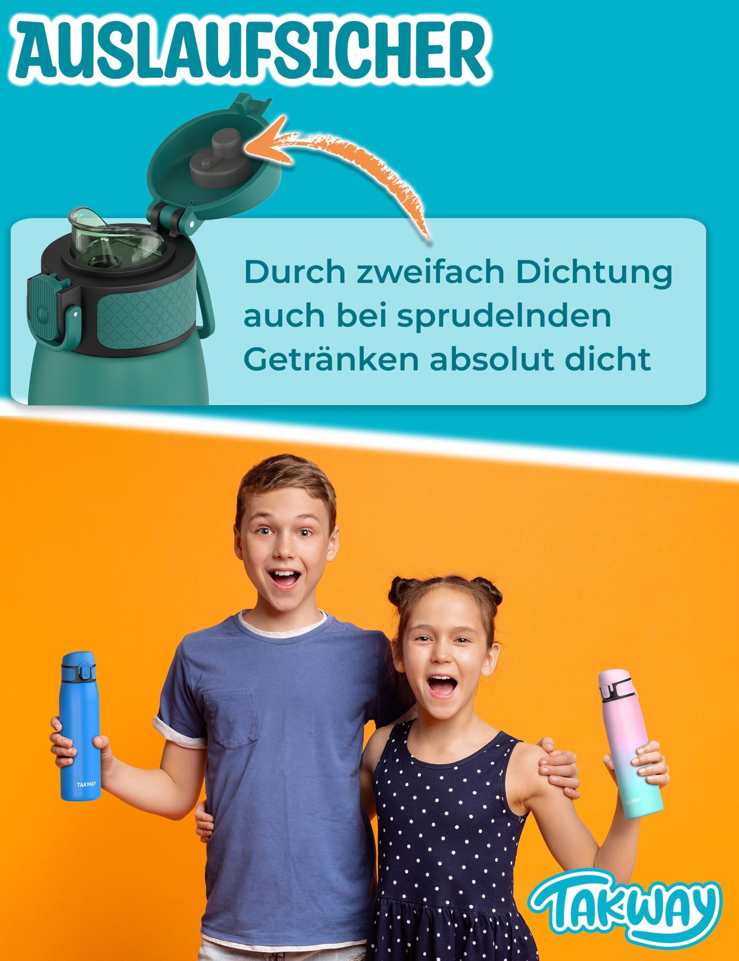 TAKWAY kids' leak-proof water bottle with fruit infuser 600 ml - Tritan, BPA-free - suitable for carbonated drinks - bottle for school, sports (Pink - Turquoise)