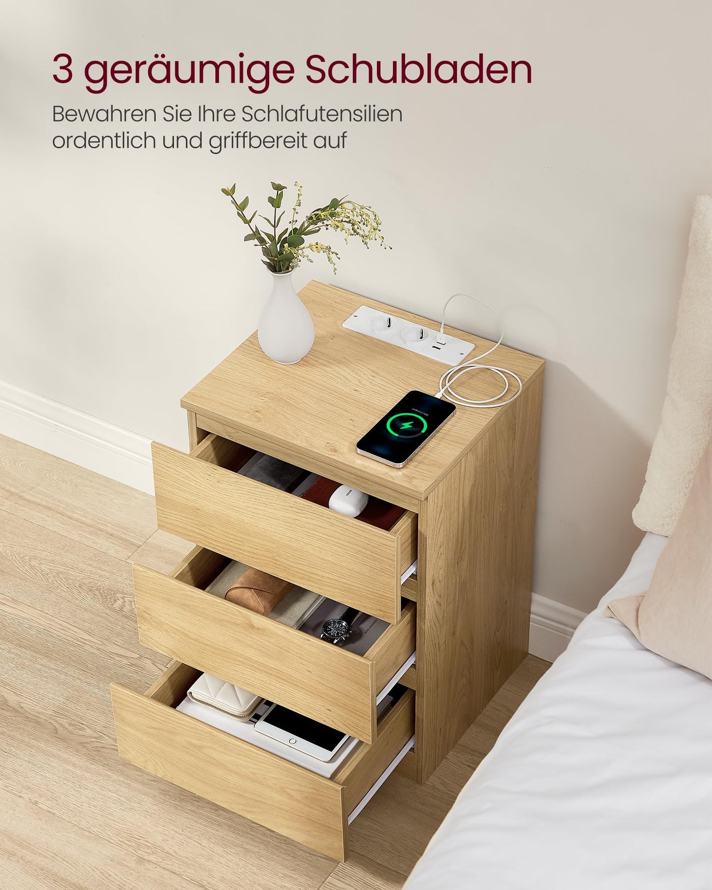 VASAGLE Kailyn Collection - Nightstand with Power Strip, Side Table, 3 Drawers, 2 AC Outlets, 2 USB-A Ports, Modern, Straw Yellow LET631Y70