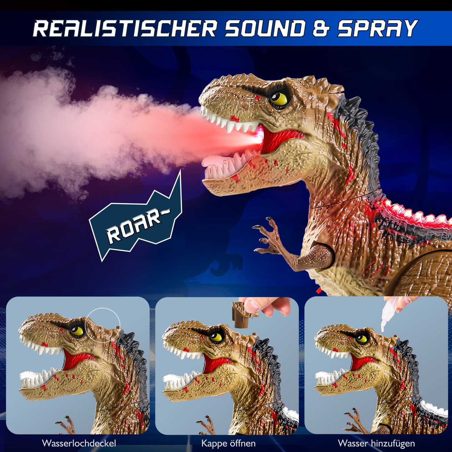 BAZOVE 2.4GHz remote control dinosaur toy with 360° spin stunt, spraying function, roaring, and LED light, electronic T-Rex dino toy gift for boys girls 3+ years old.