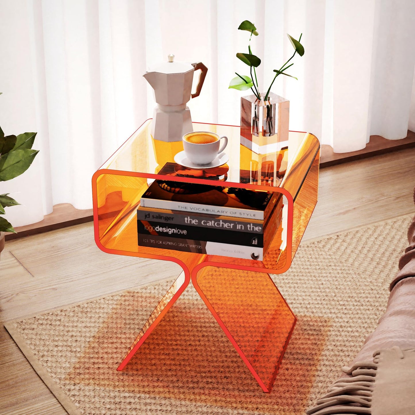 Acrylic Nightstand Side Table, Modern Design Clear Home Decor Display End Table (Orange)