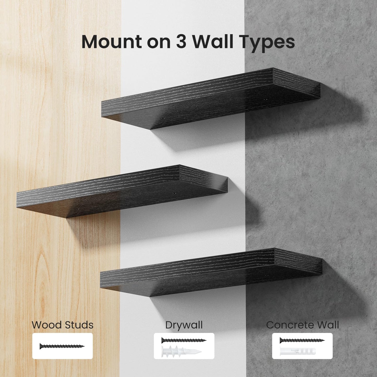 STOREMIC wall shelf black, set of 3 wall shelves, black wall shelf can hold up to 10 Kg, modern decorative display shelves for more space L40 x W14 cm for bathroom, office, living room