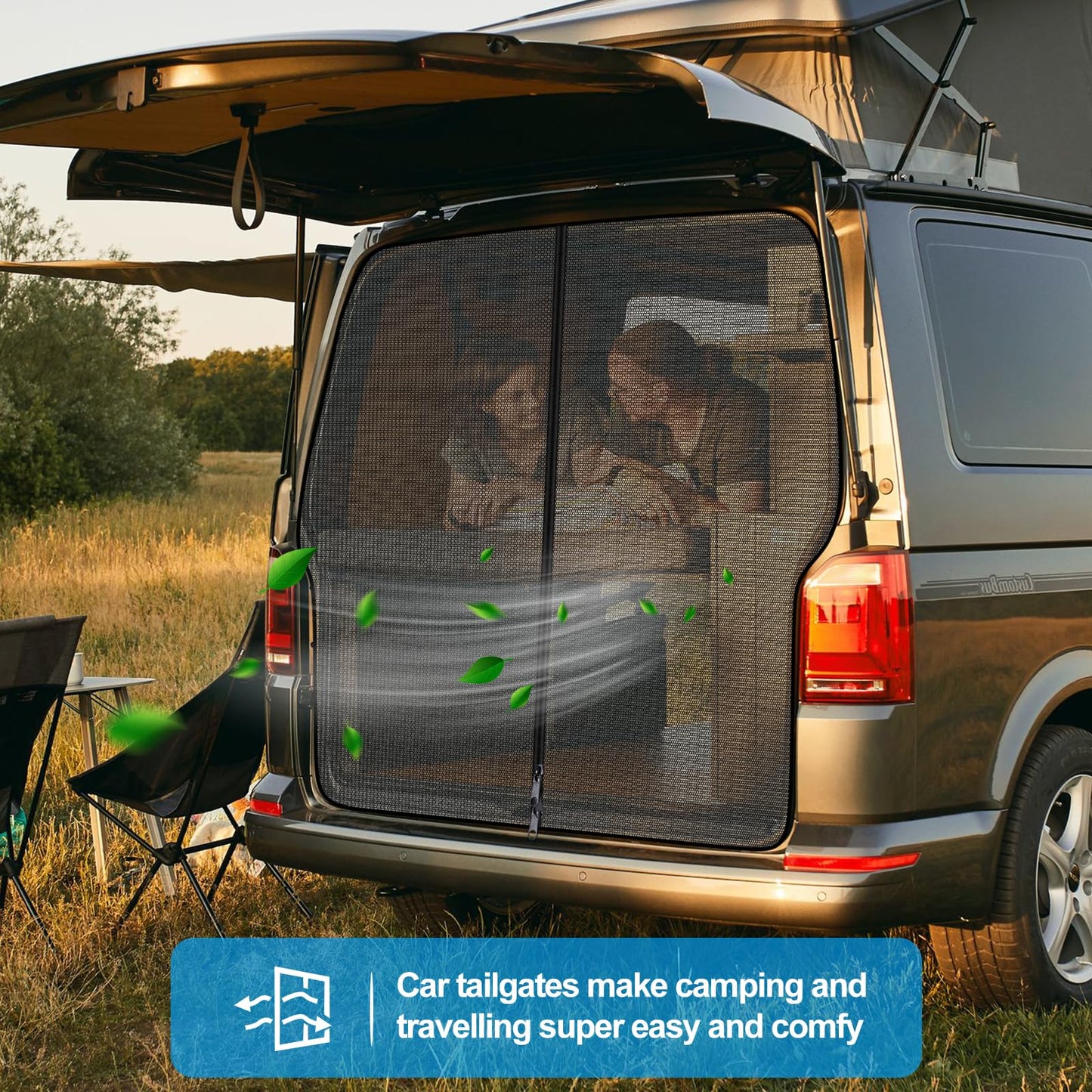 ZATOOTO mosquito net zipper for VW T5 T6 tailgates, fly screen insect protection sunshade, rear door separator curtain mosquito net with magnetism, trunk shade net camping travel (rear)