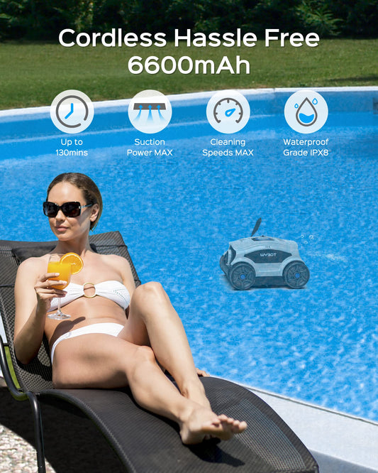WYBOT WY1103 Pool Robot, Cordless Pool Vacuum with Battery, 120 Min Runtime, for Above Ground Pools up to 120 m², Dual Motors, Large Brush & Suction Openings, Adjustable Nozzle (White/Black A)