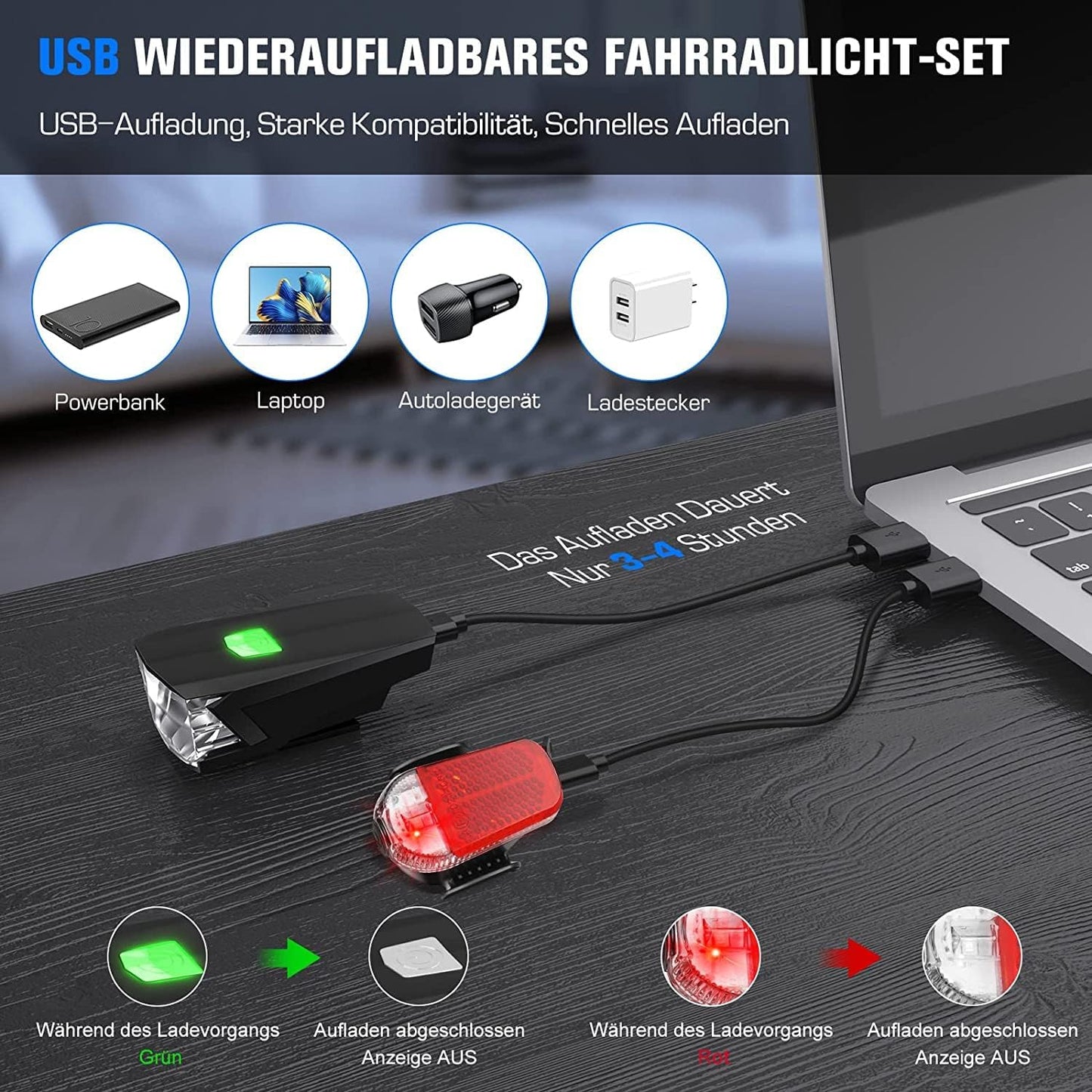 LED bike light set, StVZO bike light USB rechargeable, waterproof bike lighting front and rear set with headlights & taillight, bike light for kids and adults.