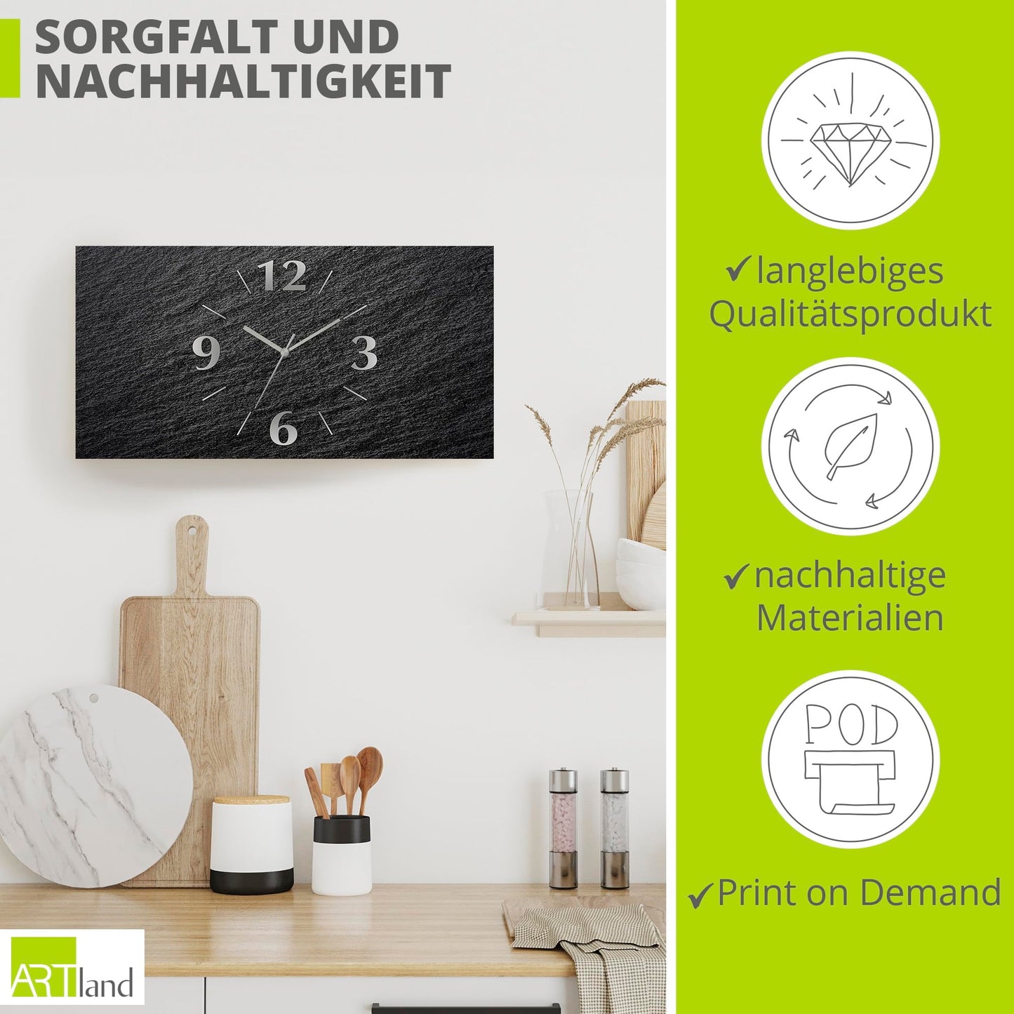 ARTLAND wall decoration wall clock without ticking noises Aluminum radio clock analog radio clock 60x30 cm slate look U1RE