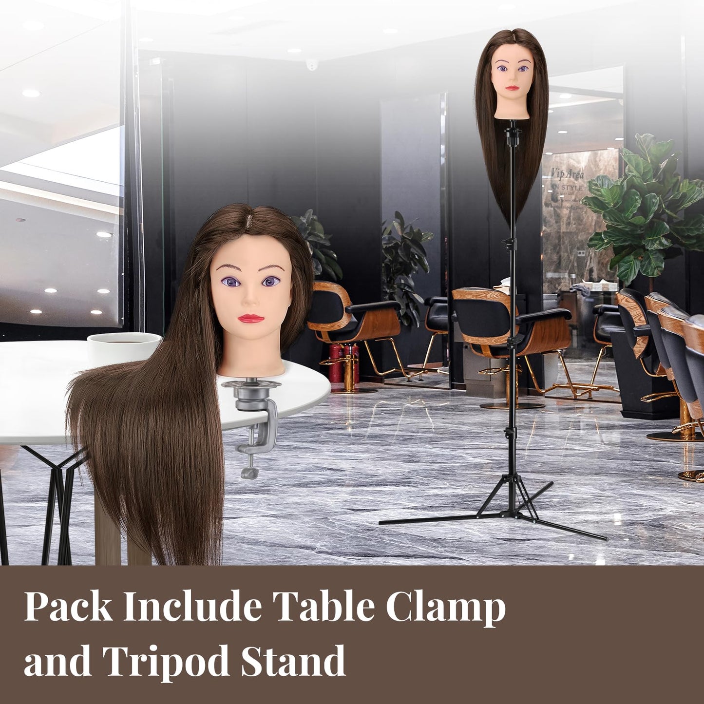 Neverland Beauty Styling Head with Practice Head Stand - 71cm 60% Real Hair, Doll Head for Styling, Training Heads for Hairdressers Training Head With Holder + DIY Hair Set (Brown)